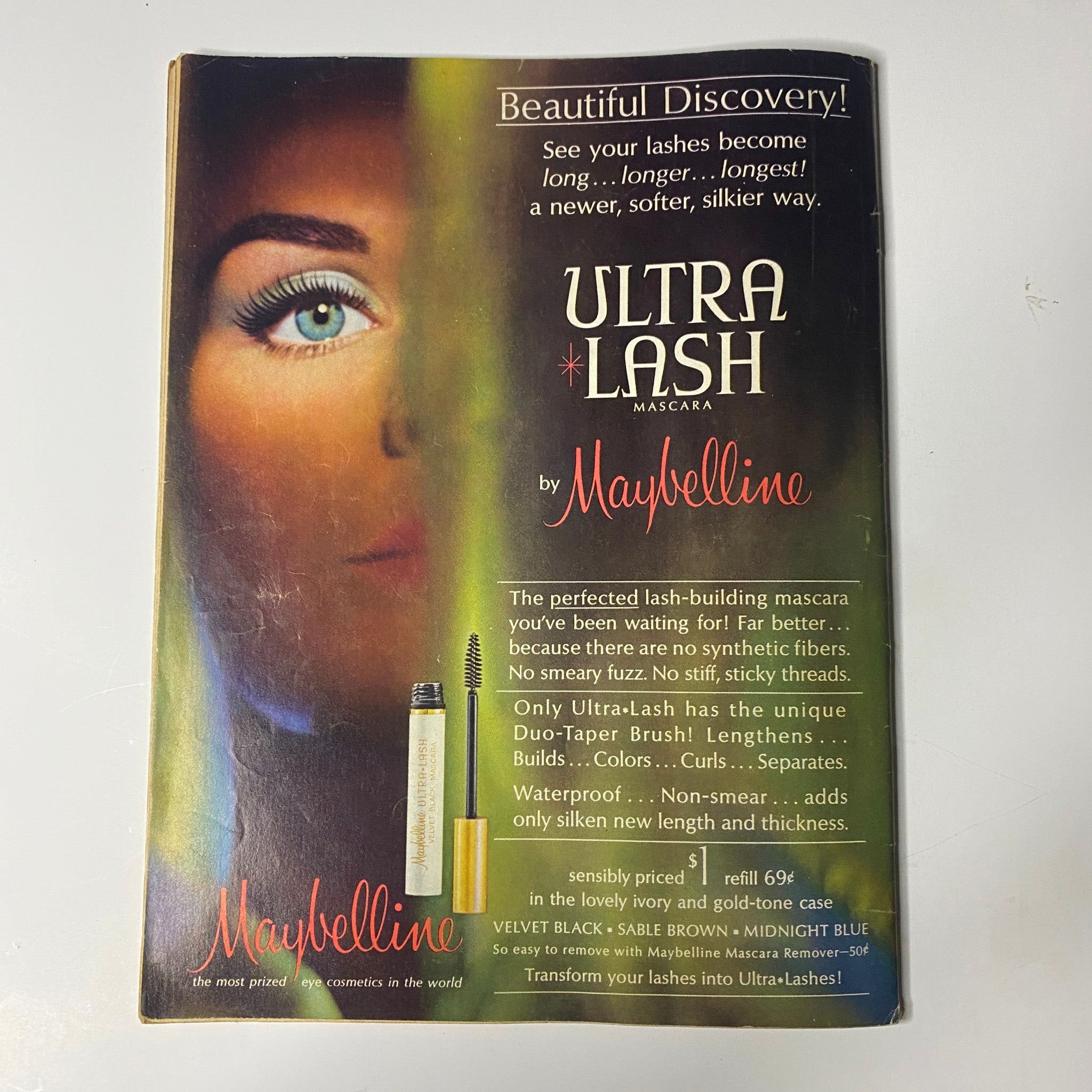 Vintage Maybelline advertisement for Ultra Lash mascara, featured in Teen Screen Magazine September 1964.