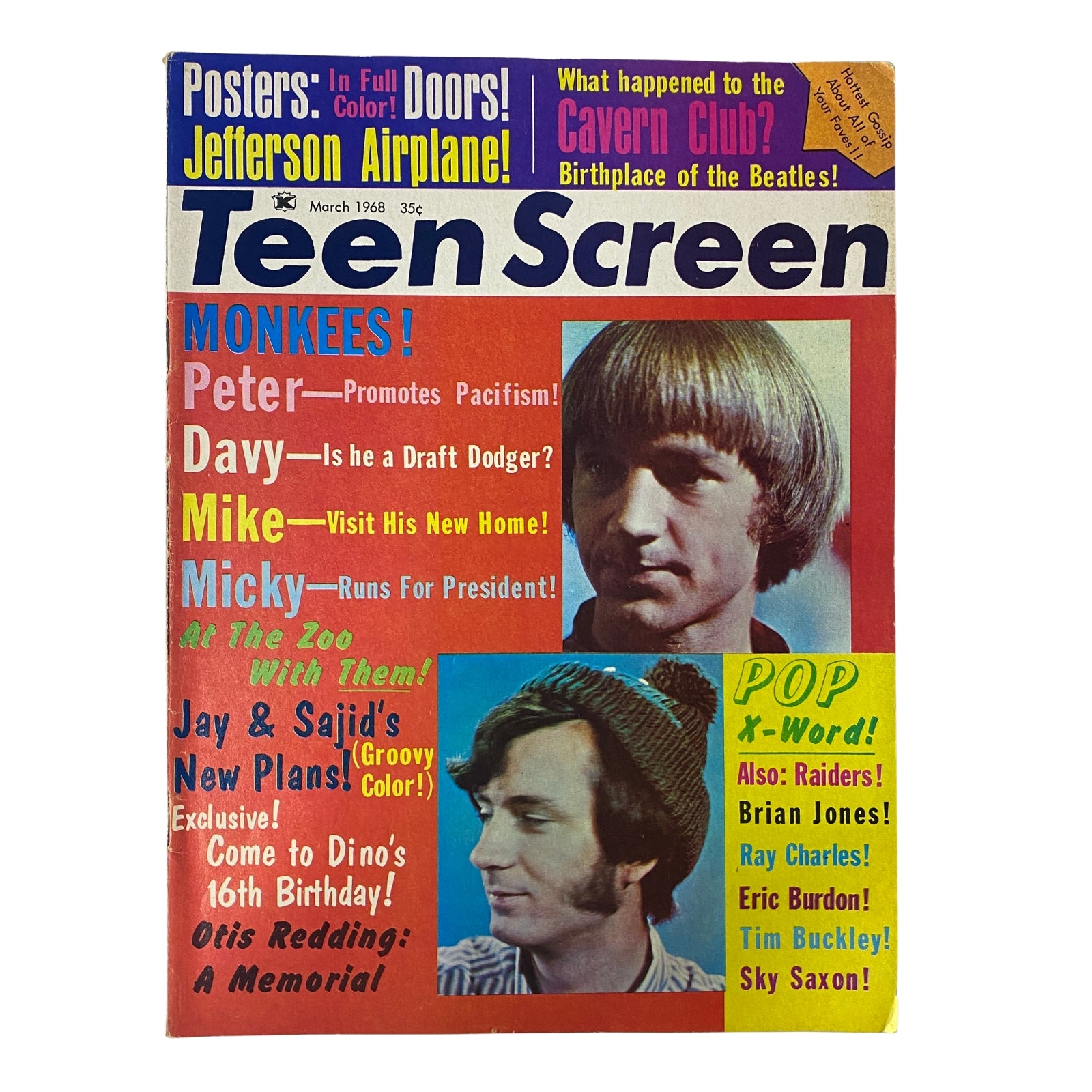 Teen Screen Magazine March 1968 featuring The Monkees on the cover, highlighting prominent features such as Davy Jones, Mike Nesmith, and a mention of psychedelic themes with references to the Cavern Club and the Doors. Perfect for collectors of vintage teen magazines.