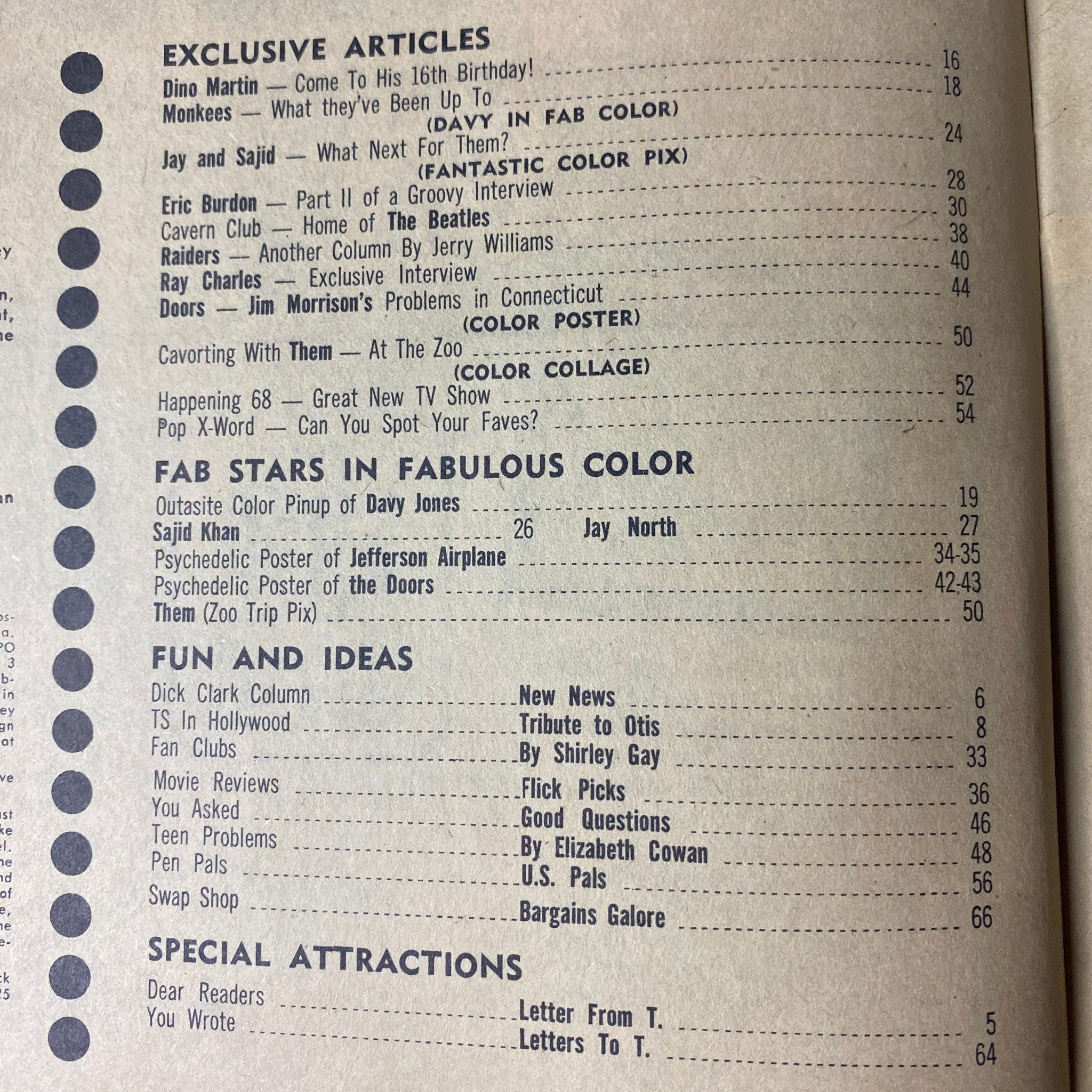Contents page of Teen Screen Magazine March 1968, featuring articles on The Monkees and other artists.