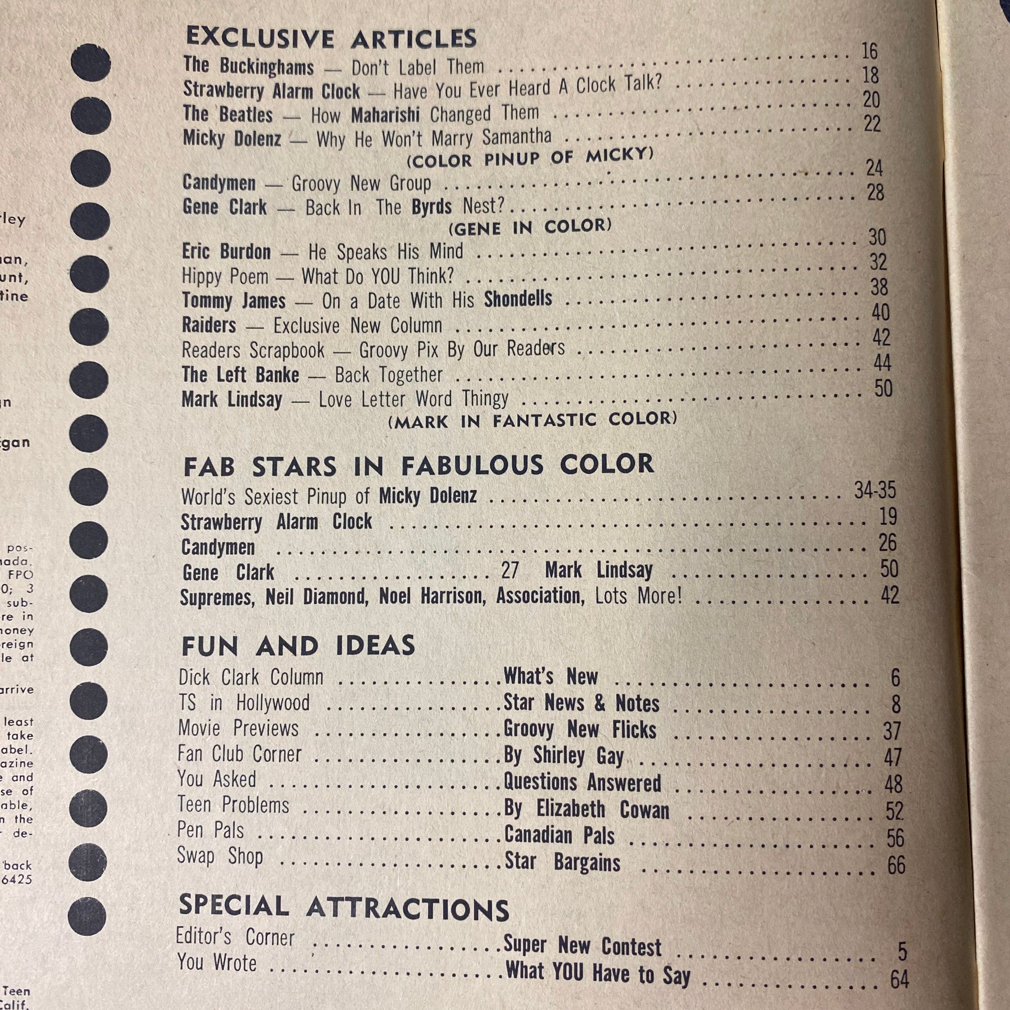 Table of Contents from Teen Screen Magazine February 1968, listing exclusive articles on The Monkees, The Beatles, and other popular music stars of the era.