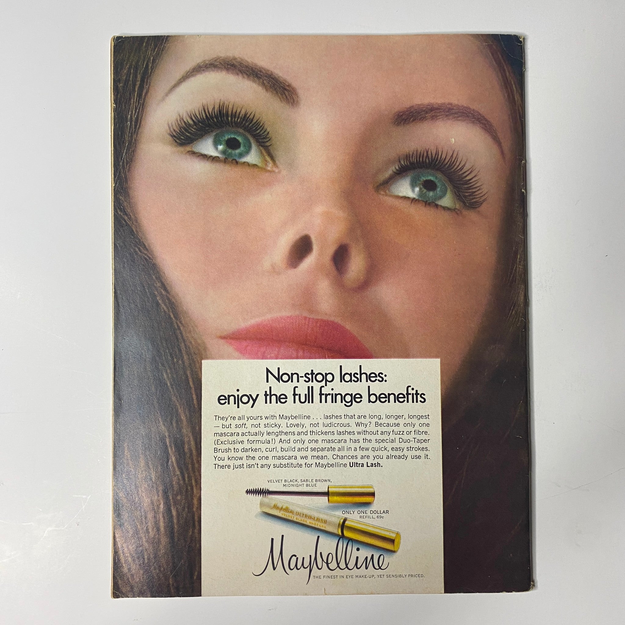 Teen Screen Magazine February 1968 featuring an advertisement for Maybelline with a close-up of a woman's face highlighting non-stop lashes, related to The Monkees and The Beatles.