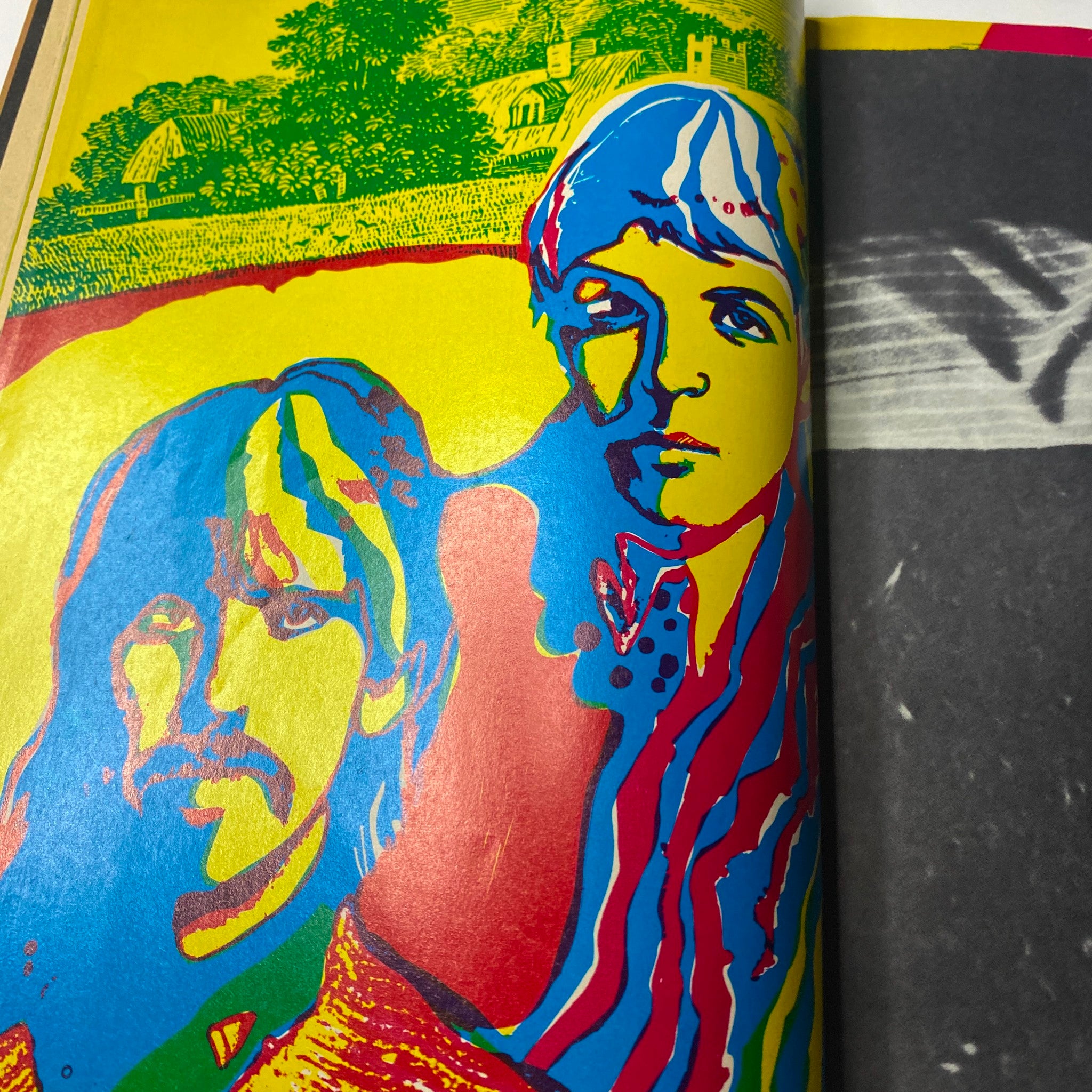 A vibrant art feature from Teen Set Magazine April 1968, showcasing psychedelic illustrations of The Beatles on a brightly colored page.