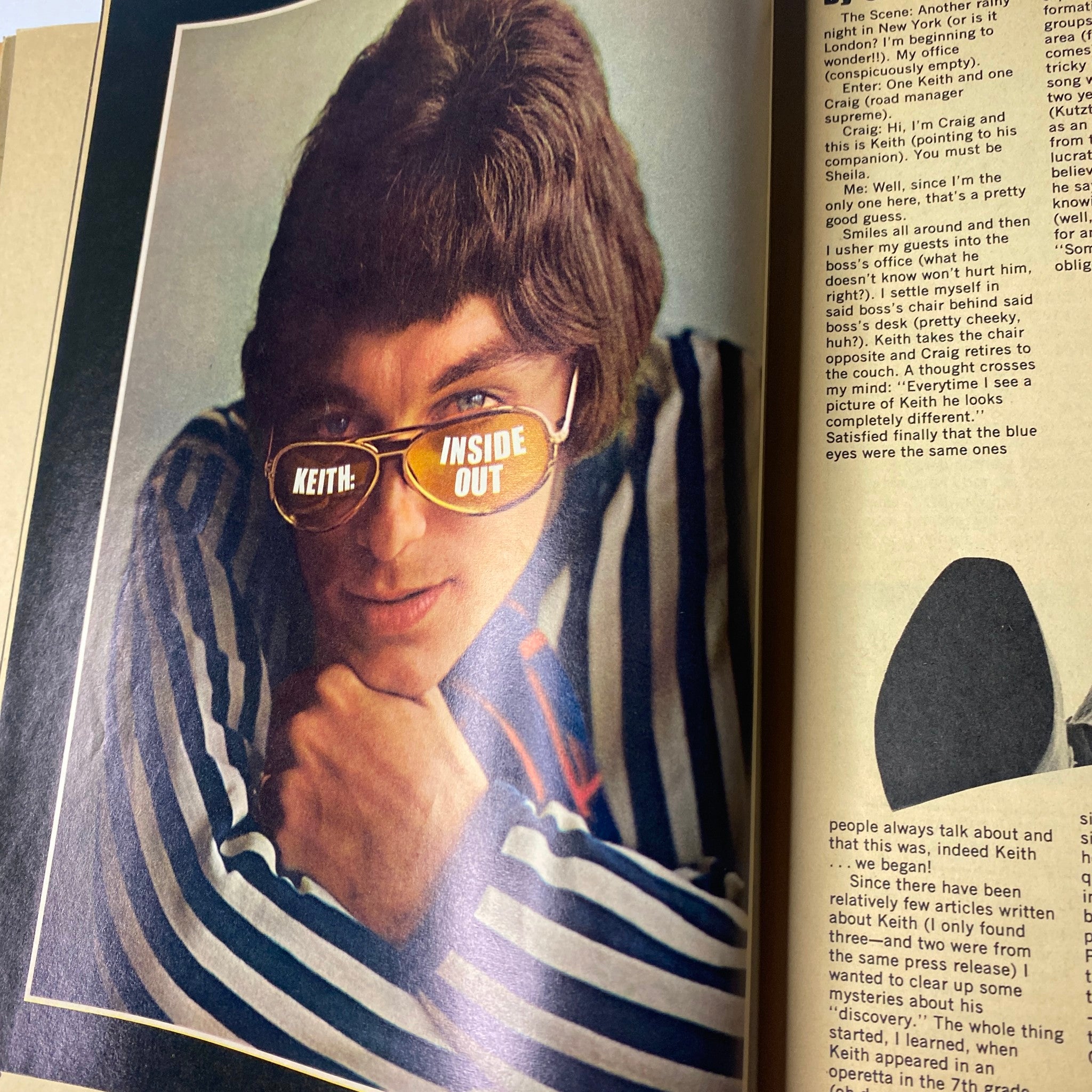 Teen Set Magazine October 1967 image of Keith with unique sunglasses, captioned 'KEITH: INSIDE OUT,' showing his distinctive style.