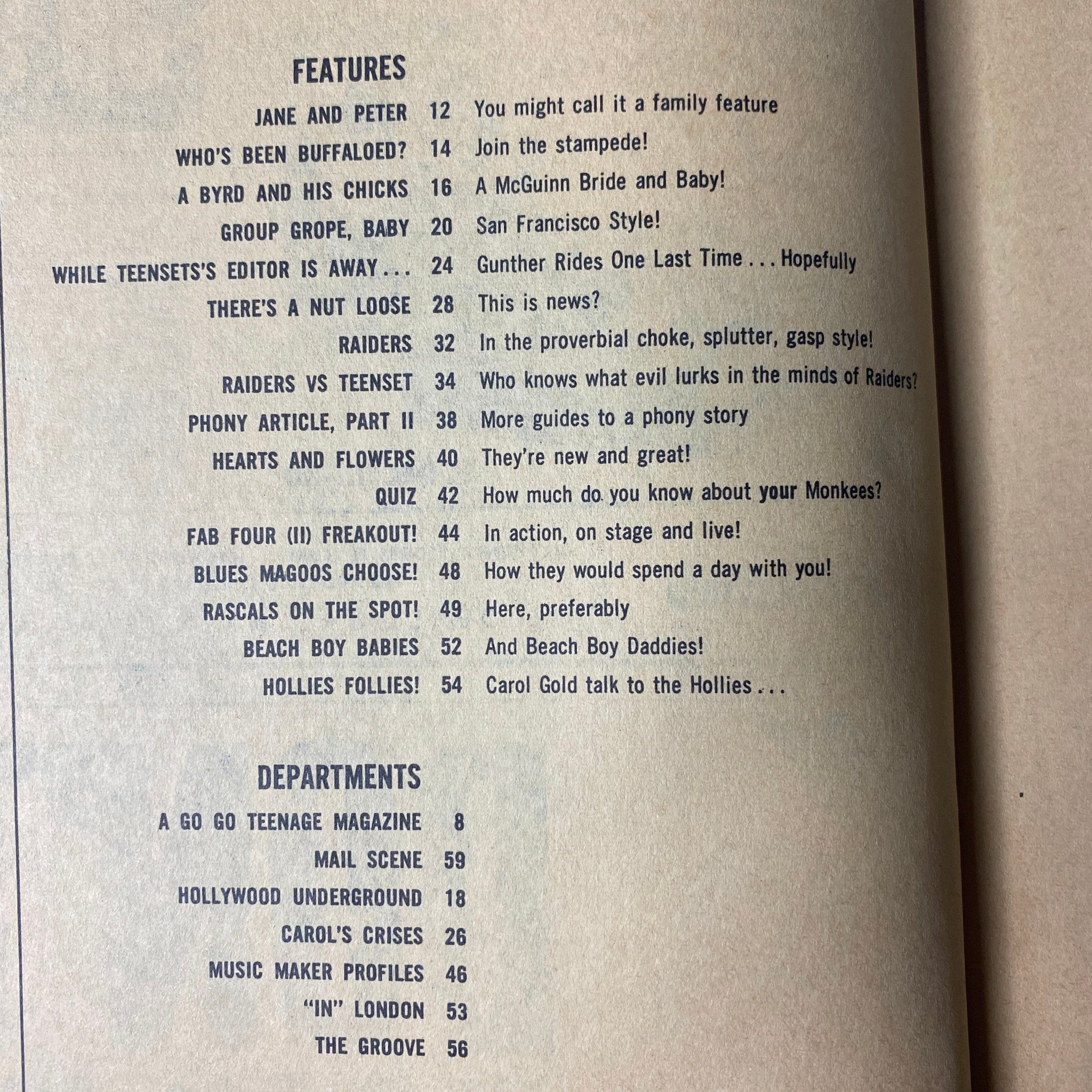 Table of contents from Teen Set Magazine July 1967 featuring articles on The Monkees, Buffalo Springfield, and more.