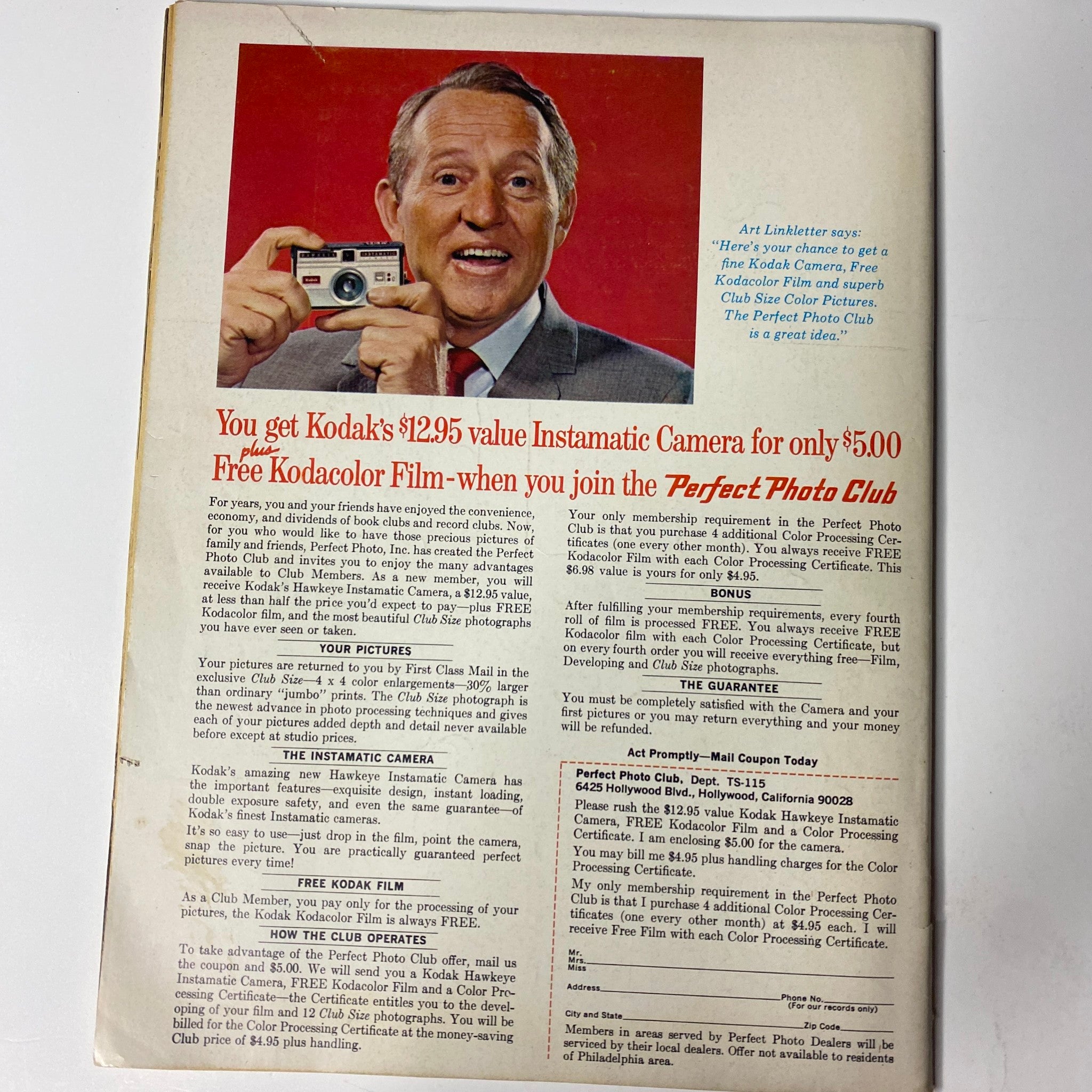 Teen Screen Magazine November 1965 with an advertisement for Kodak cameras. The image shows a smiling man holding a Kodak instant camera, promoting the Perfect Photo Club membership.