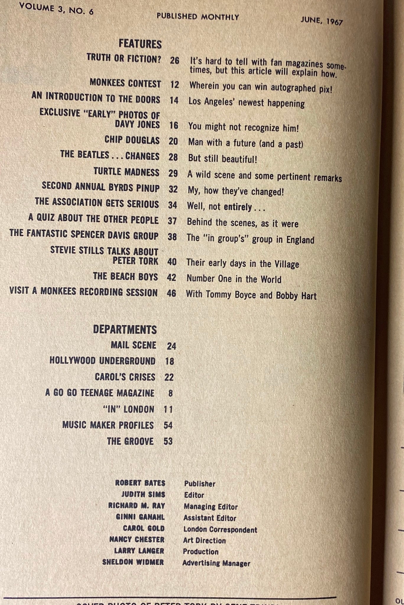 Table of Contents for TeenSet Magazine June 1967, detailing features including Monkees Contest and articles about The Doors, The Beatles, Spencer Davis Group, and others.