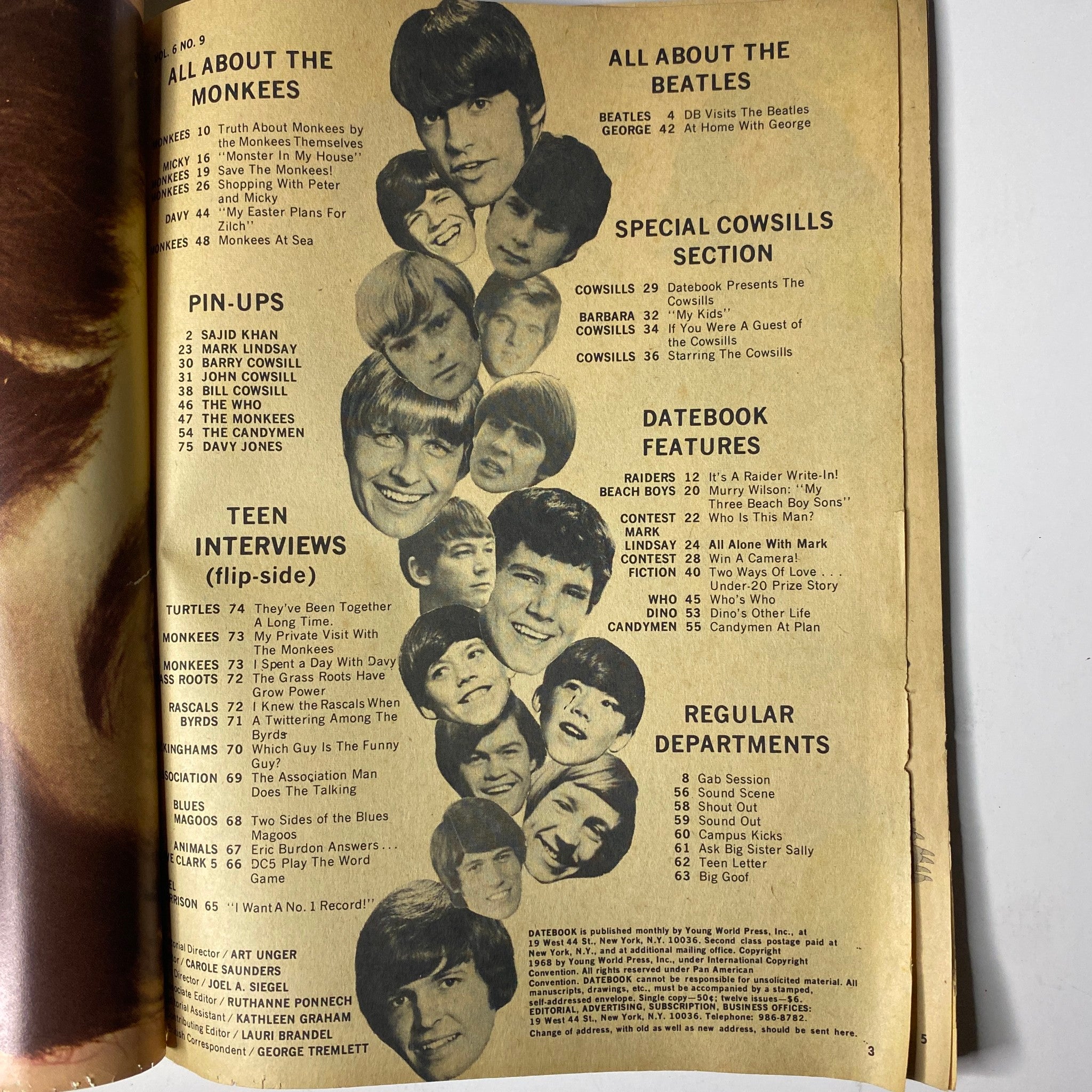 Interior page of Teen Date Book Magazine March 1968 showcasing all about The Monkees and other featured sections, including pin-ups and interviews.