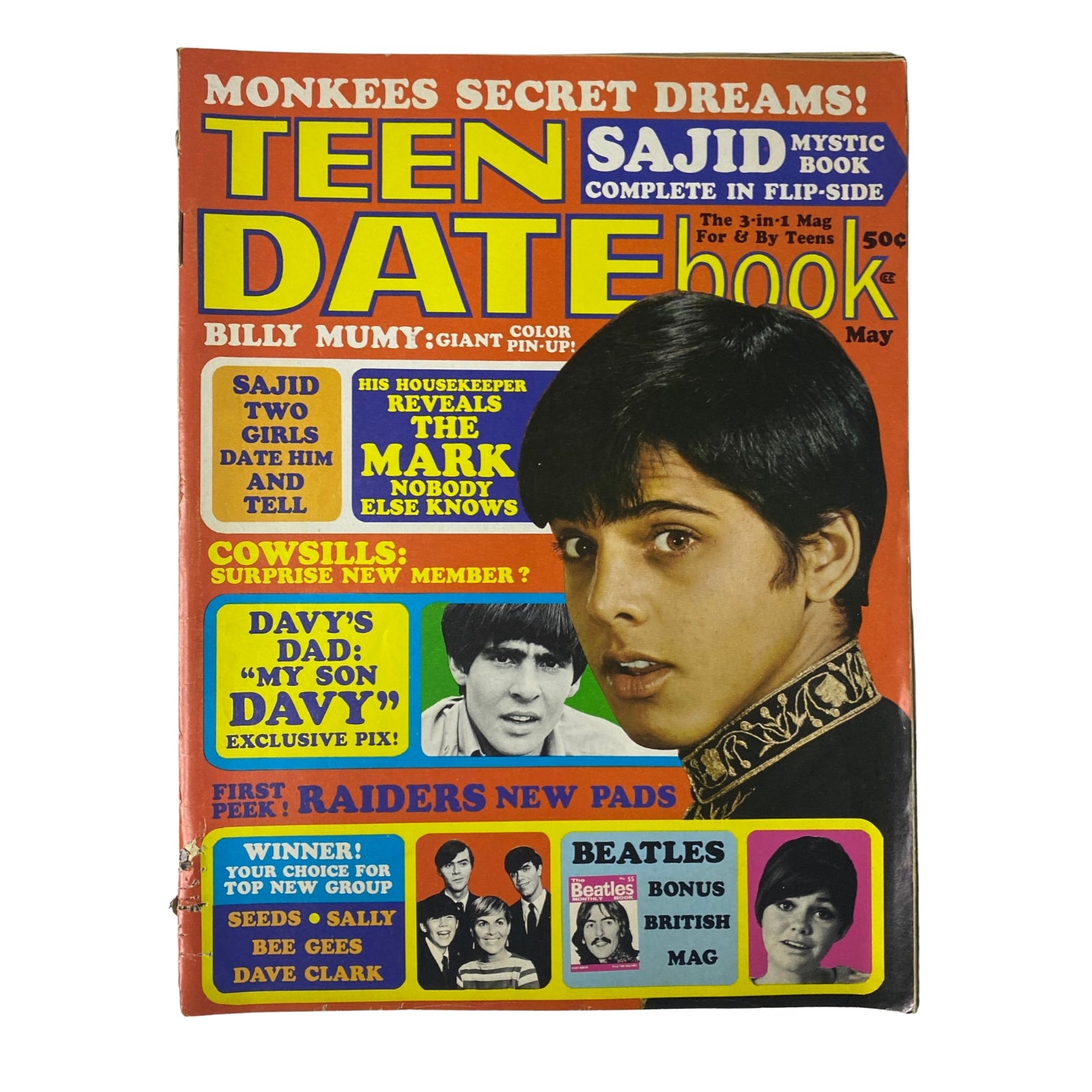 Cover of Teen Date Book Magazine from May 1968, Vol 6 No. 10 featuring Sajid Khan, with pin-up details and articles about Monkees, Beatles, and other teen culture highlights.