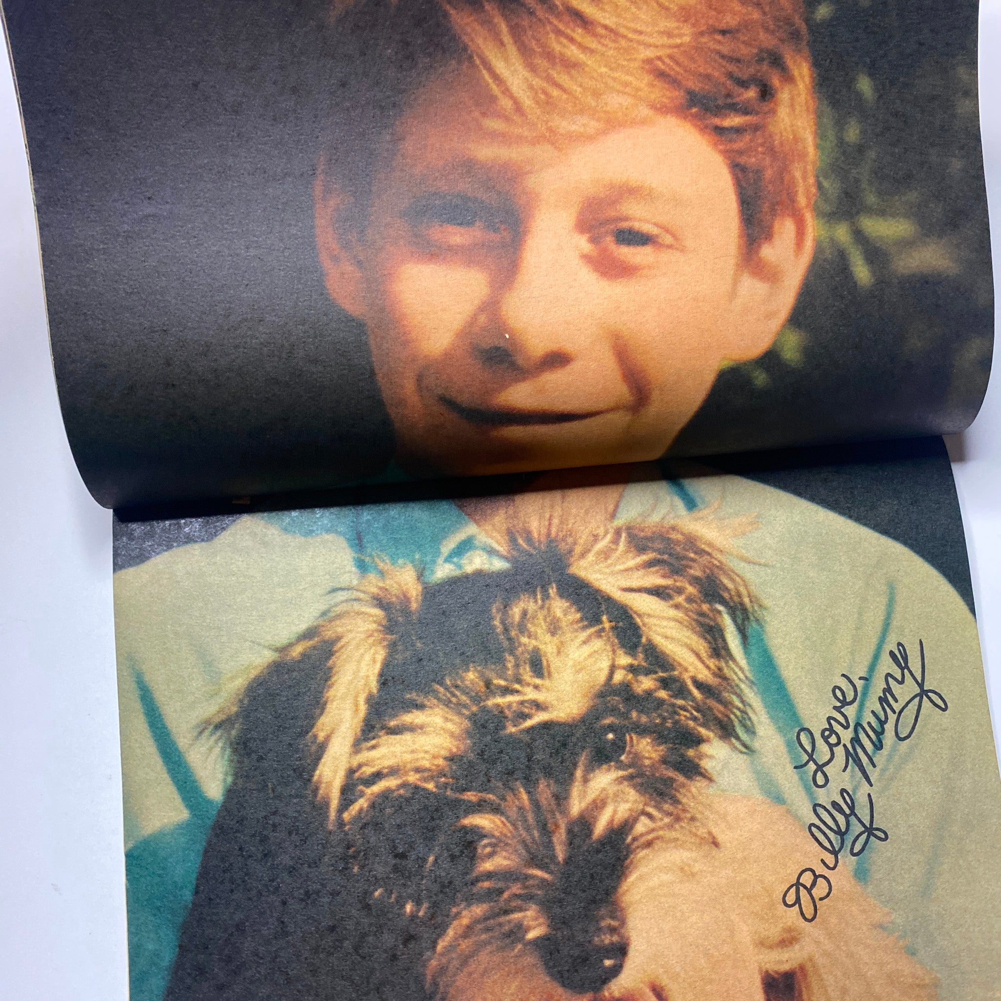 Image of Billy Mumy with a dog, signed 'Love, Billy Mumy,' from Teen Date Book Magazine May 1968 Vol 6 No. 10 showcasing teen star features.