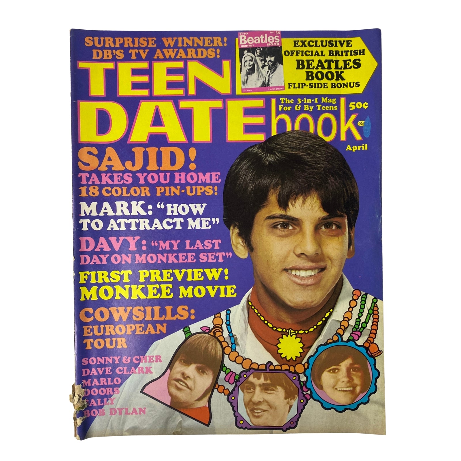 Teen Date Book Magazine April 1968 featuring Sajid Khan on the cover with colorful graphics, pin-ups, and highlights from iconic pop culture of the 1960s.