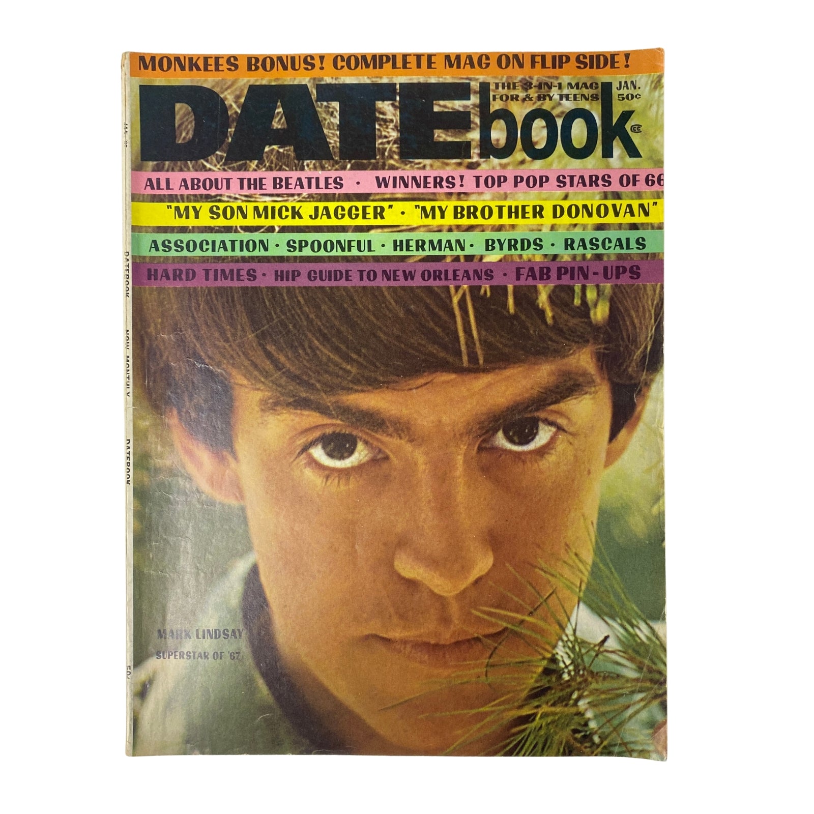 Date Book Magazine January 1967 Vol 5 No. 12 featuring Mark Lindsay on the cover, showcasing highlights from the music scene including all about The Beatles, winners from 1966, and various pop stars, presented in very good condition.