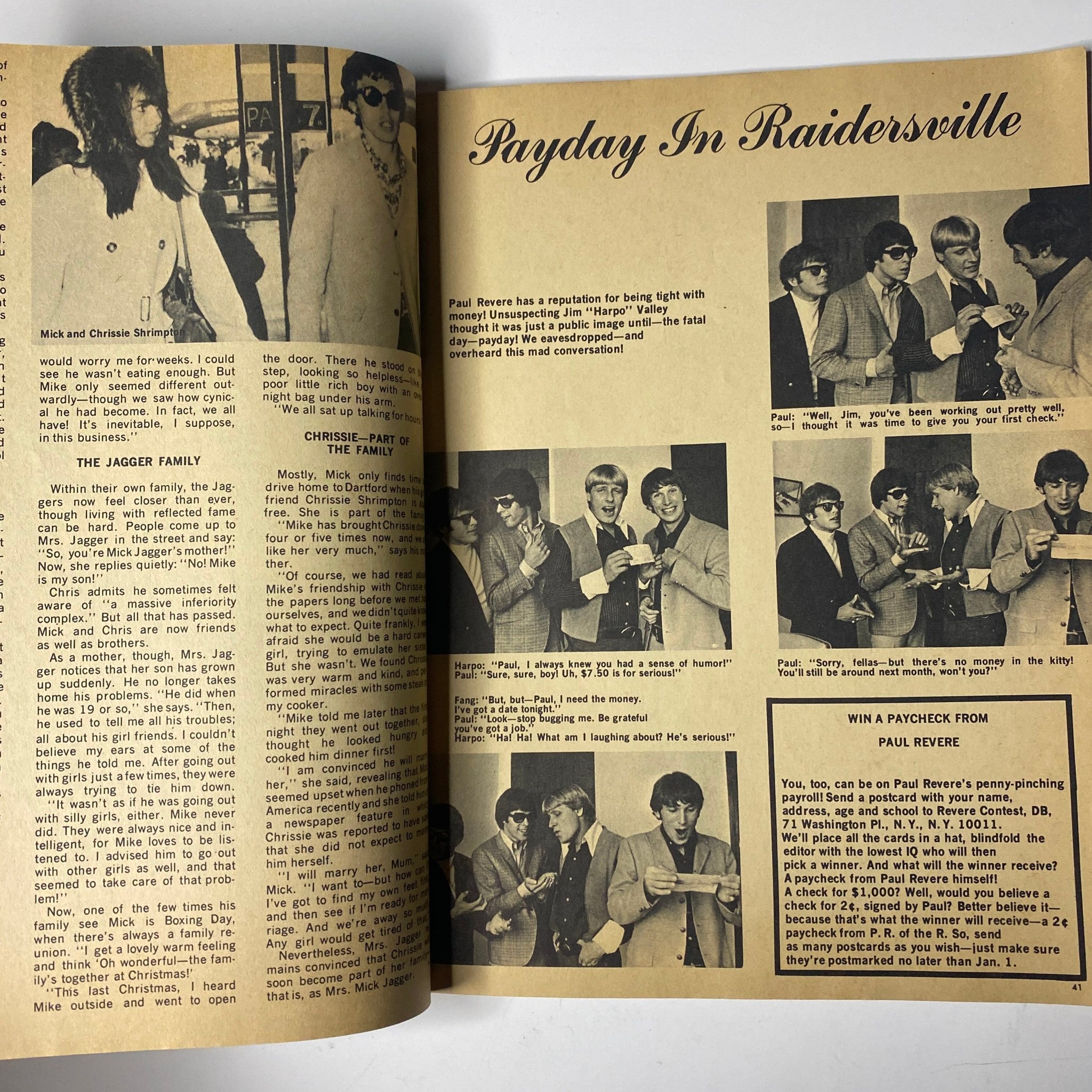 An article titled 'Payday In Raidersville' from Date Book Magazine January 1967 Vol 5 No. 12, featuring Paul Revere and The Raiders.
