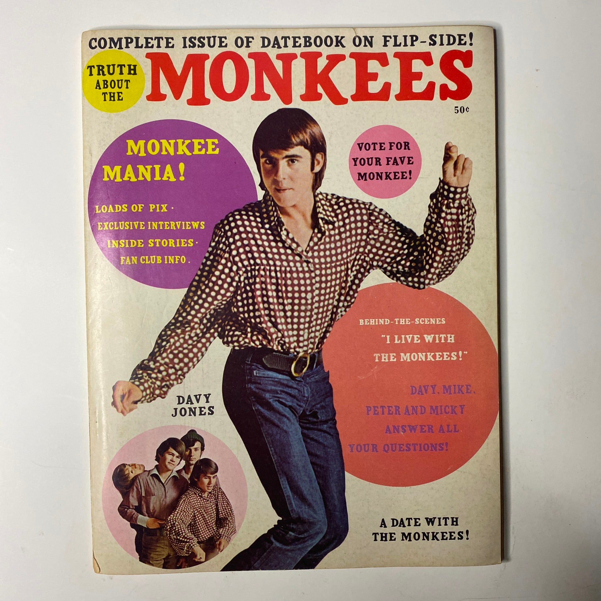 Cover of Date Book Magazine January 1967 Vol 5 No. 12 featuring Davy Jones of The Monkees with vibrant promotional text.