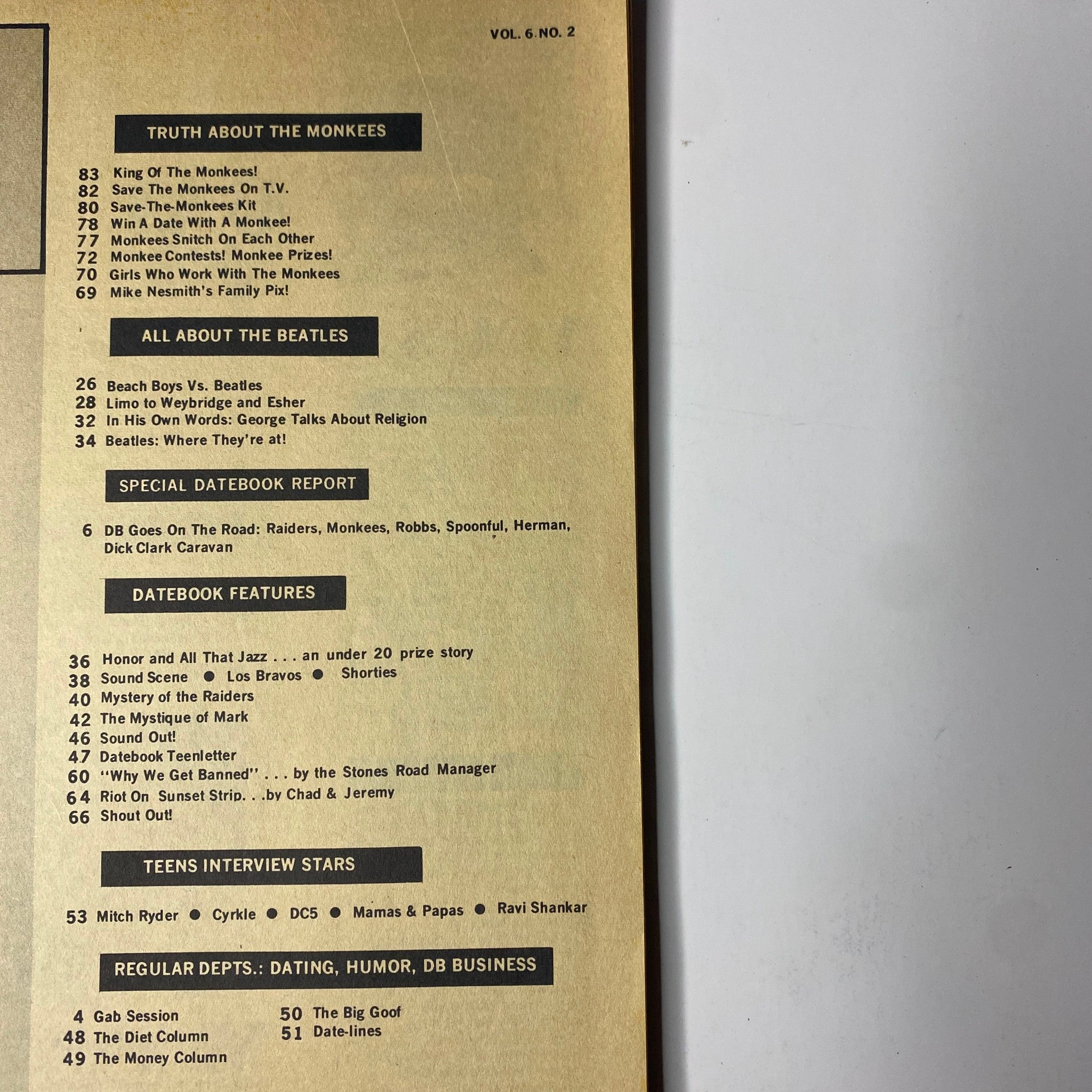 Table of contents from Teen Date Book Magazine Spring 1967 Vol 6 No. 2 featuring sections on The Monkees, The Beatles, and other pop culture highlights.