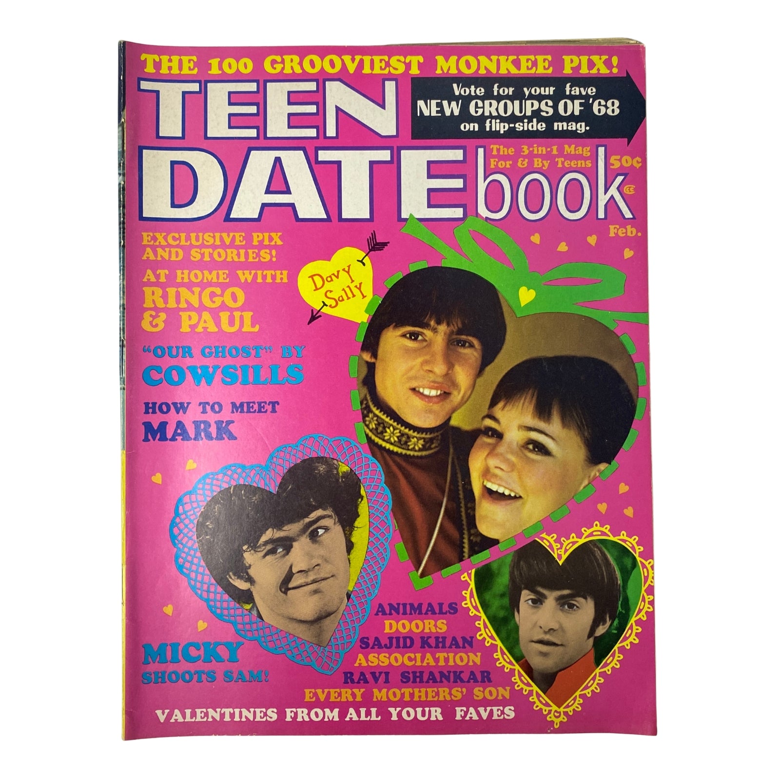 Cover of Teen Date Book Magazine February 1968 Vol 6 No 8 featuring Davy Jones, Ringo Starr, and Micky Dolenz. Highlights include Monkees pix, Beatles features, and teen pop culture collectibles.