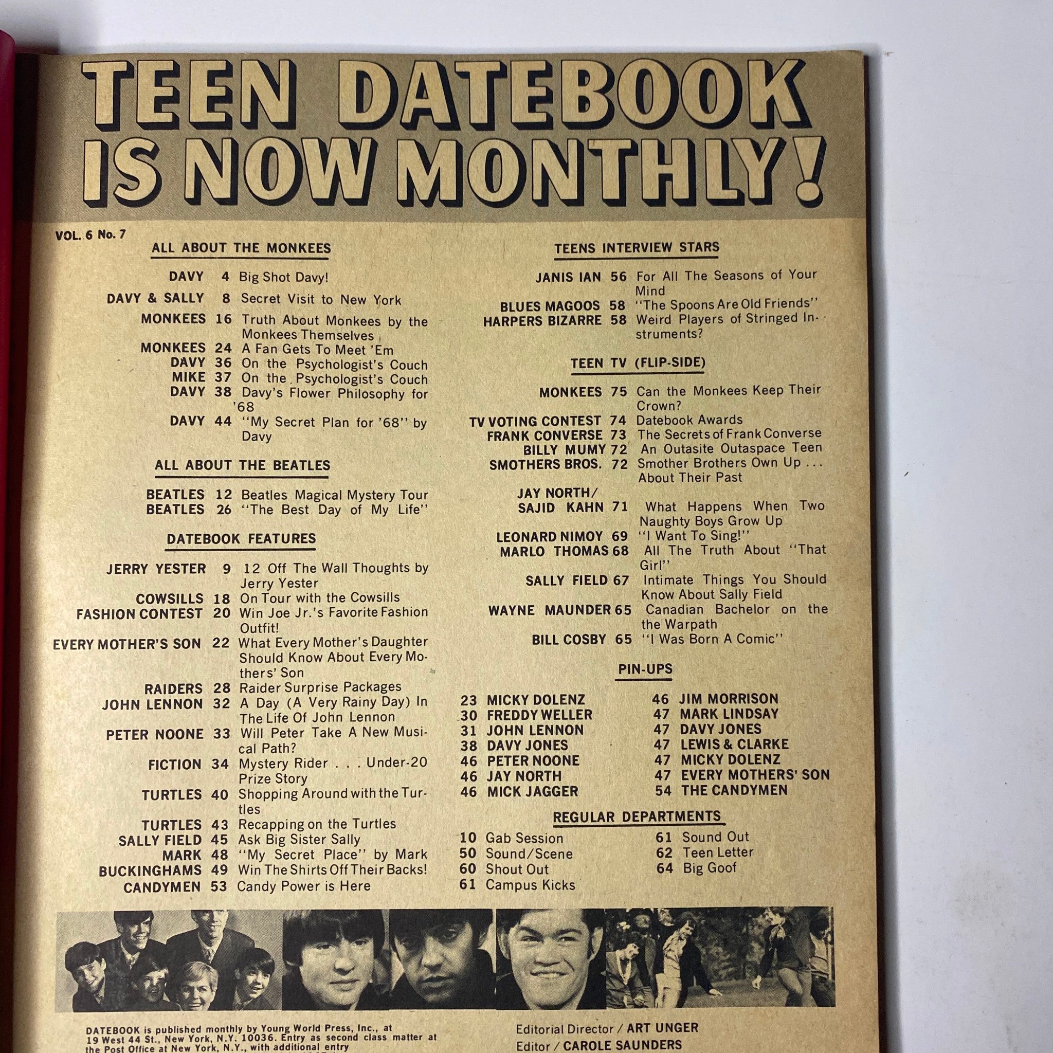 Inside page of Teen Date Book Magazine January 1968 Vol 6 No. 7 displaying contents related to The Monkees, Beatles, and other teen idols, illustrating the magazine's rich pop culture features.