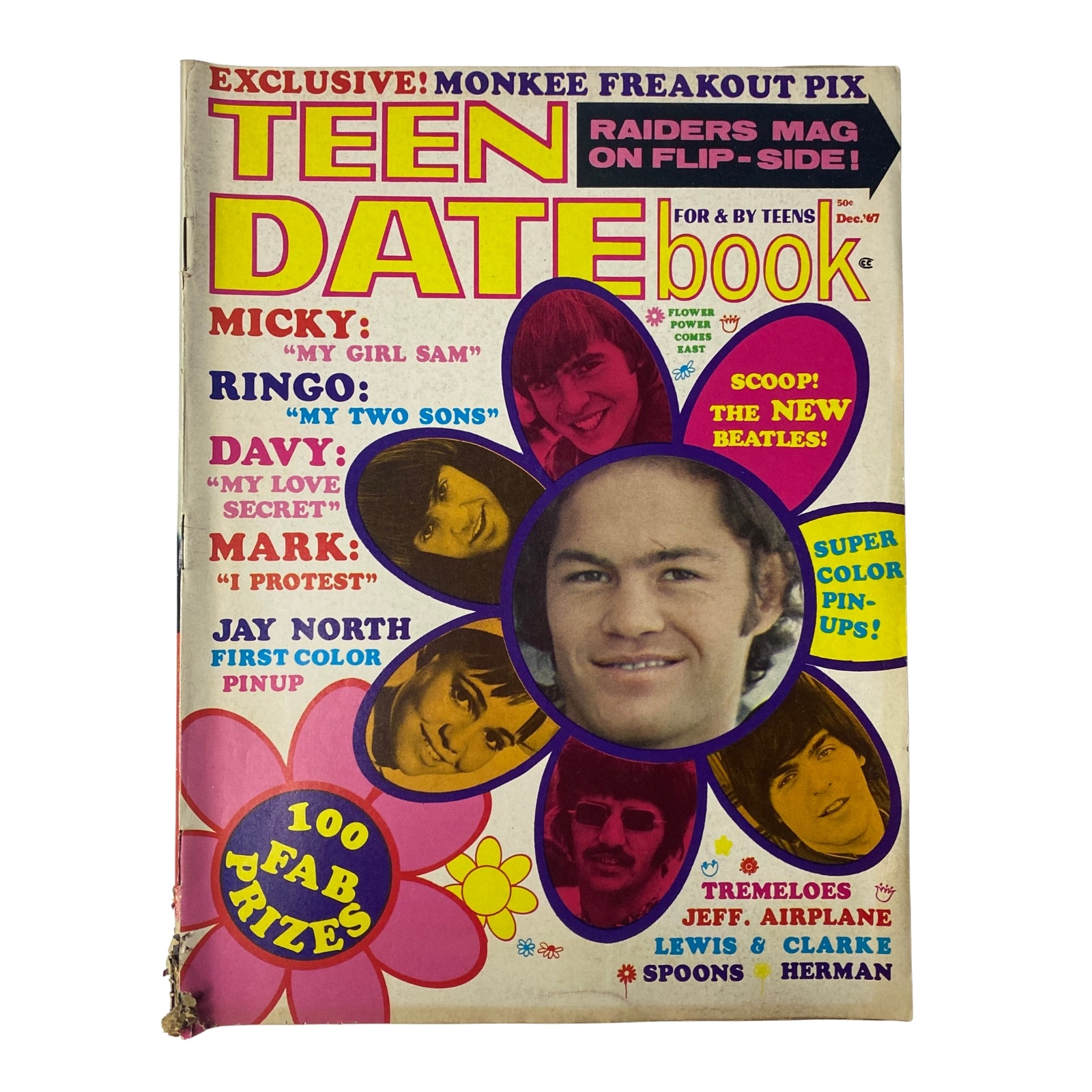 Teen Date Book Magazine December 1967 cover featuring The Beatles and various pin-ups, showcasing headlines like 'Micky: My Girl Sam' and 'Ringo: My Two Sons'. A vintage collector's item highlighting 1960s pop culture.