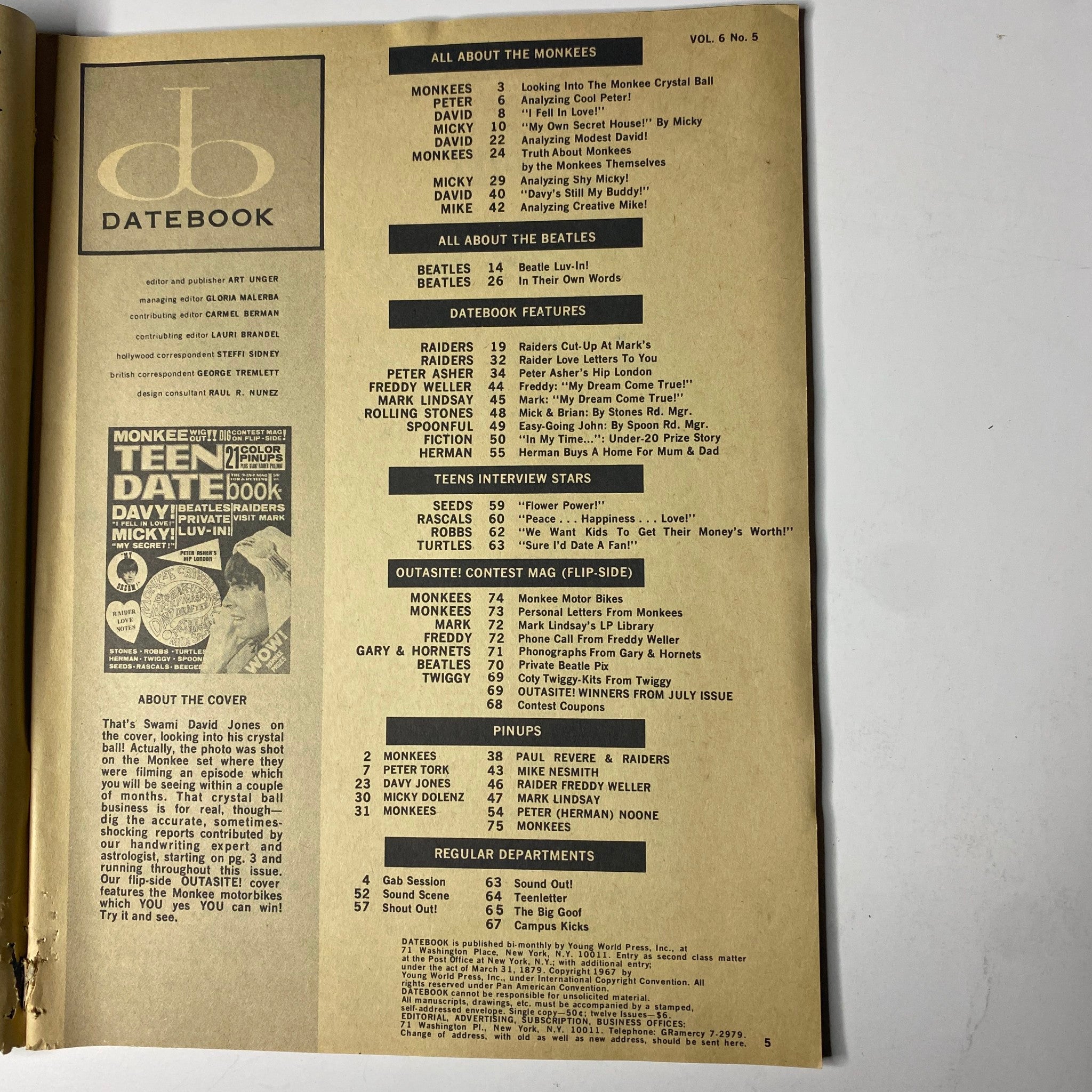 Table of contents page from Teen Date Book Magazine November 1967 detailing features about The Monkees, The Beatles, and other popular teen artists of the 1960s.