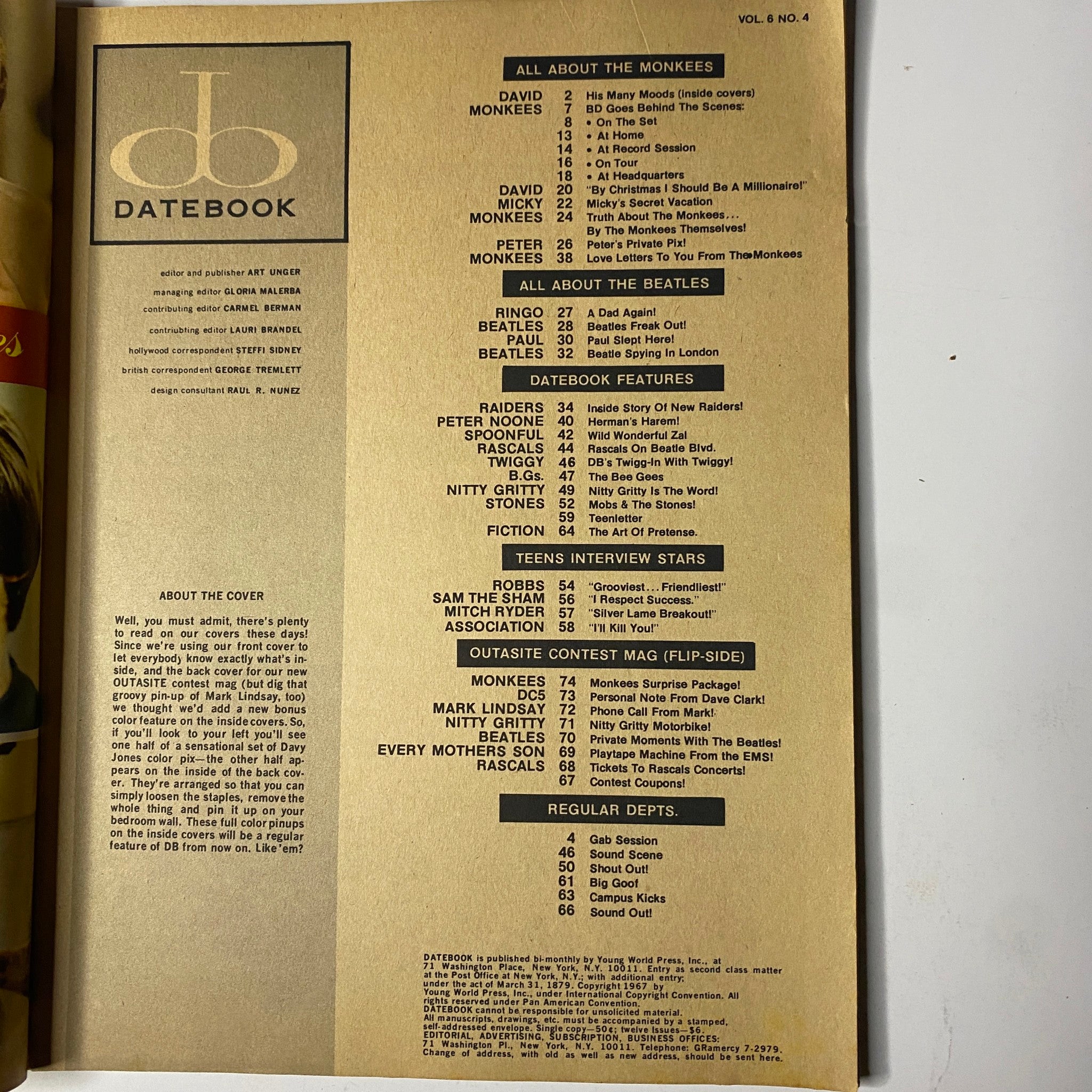 Interior page of Teen Date Book Magazine September 1967 Vol 6 No. 4, showcasing a table of contents with details about articles on The Monkees and The Beatles, displaying the magazine's key features.