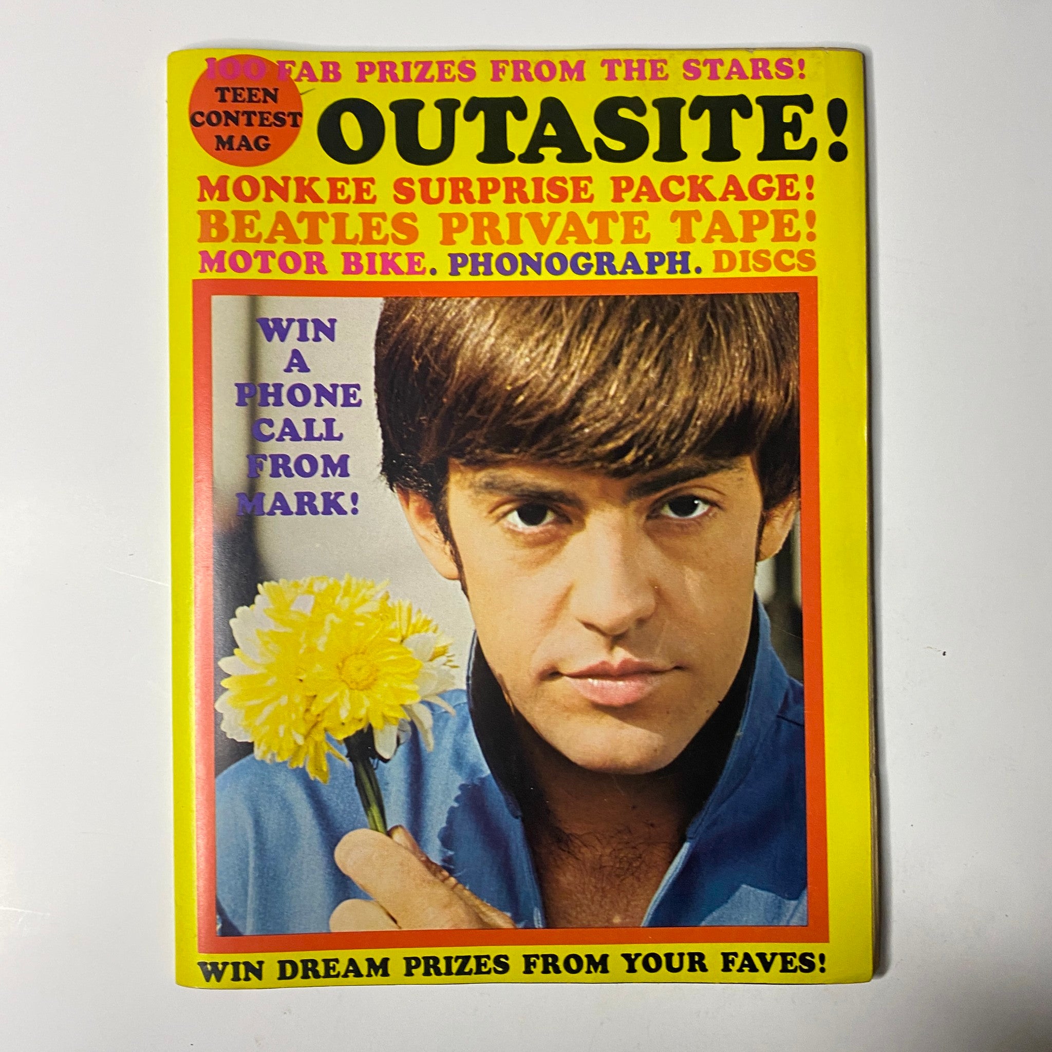 Back cover of Teen Date Book Magazine September 1967 Vol 6 No. 4, advertising contests and features including a Monkee Surprise Package and a phone call contest from Mark, highlighting engagement with the youth culture.