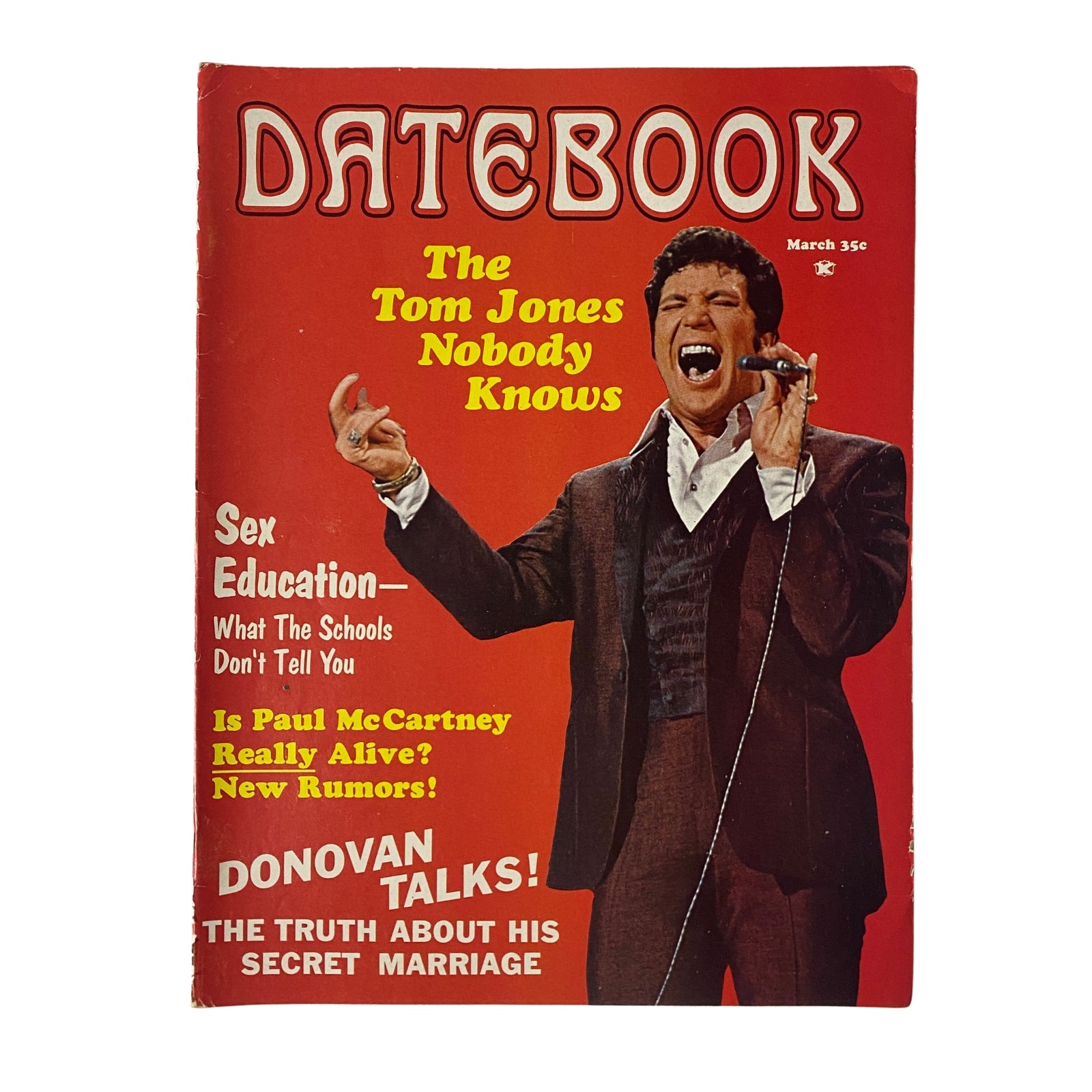 Cover of Datebook Magazine March 1970 Vol 7 No. 7 with Tom Jones on the front, featuring headlines about sex education, Paul McCartney, and Donovan.