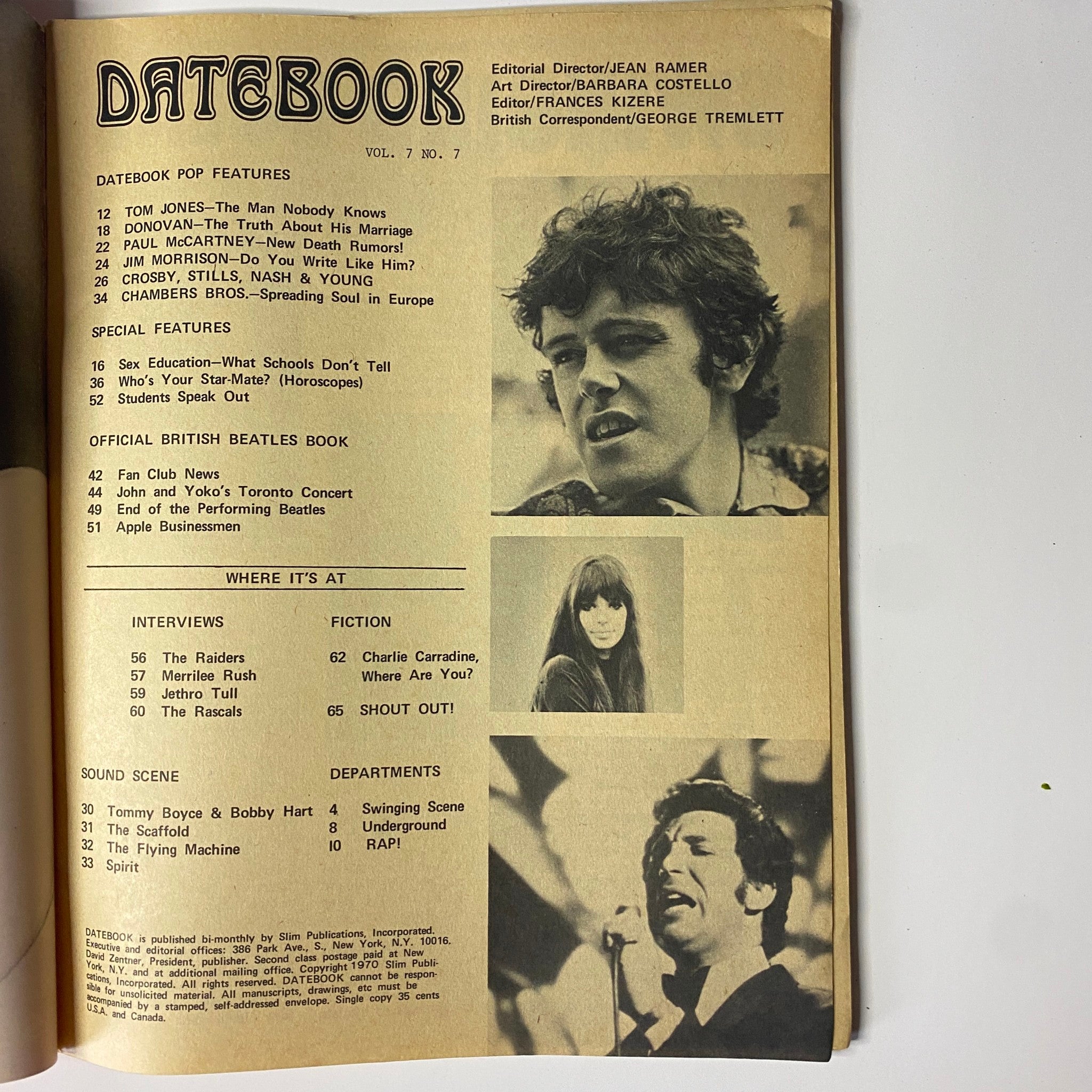 Inside page of Datebook Magazine March 1970 Vol 7 No. 7 showcasing the table of contents including articles about Tom Jones and other popular musicians.