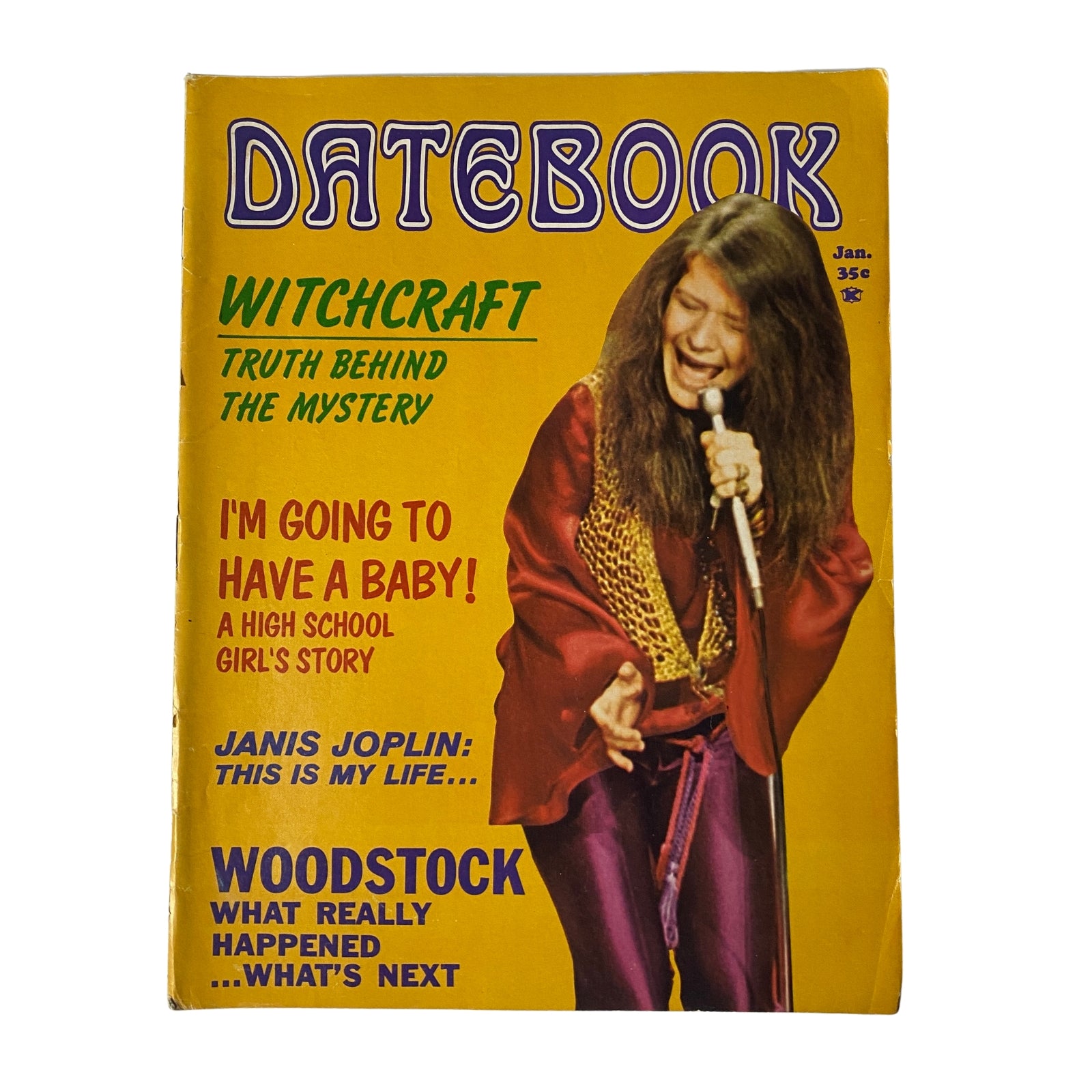 Datebook Magazine January 1970 Vol 7 No 6 featuring Janis Joplin on the cover, showcasing articles on witchcraft, pregnancy, and Woodstock, highlighting the culture of the late 1960s and early 1970s.
