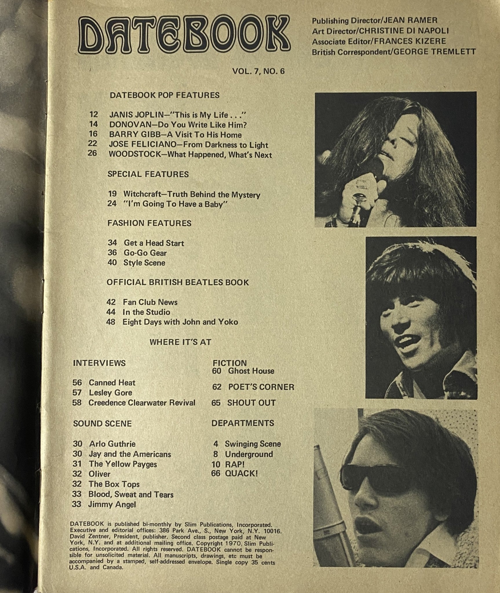 Back cover of Datebook Magazine January 1970 Vol 7 No 6 displaying the table of contents and features, including Janis Joplin and other notable artists, indicative of the magazine's focus on music and pop culture.