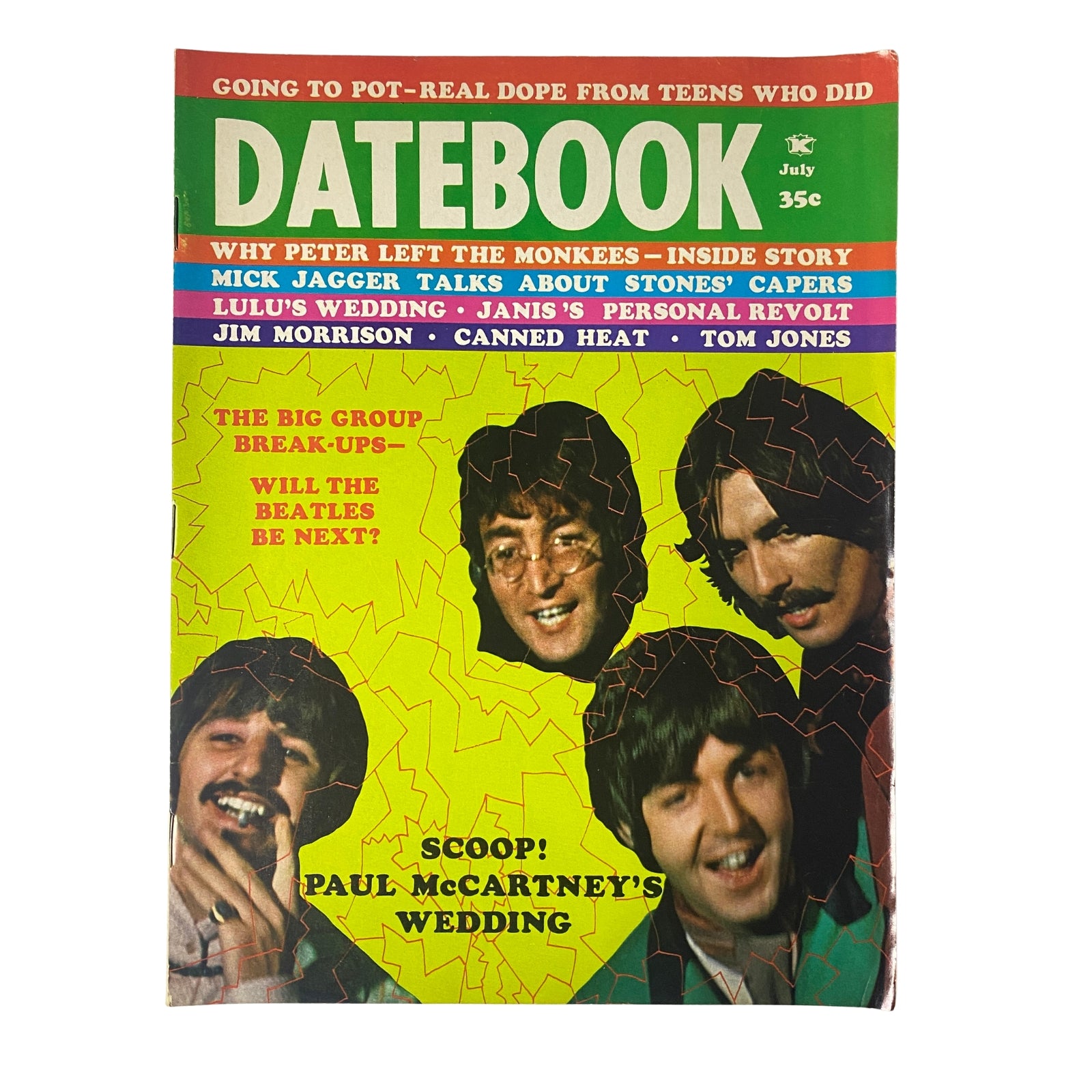 Cover of Datebook Magazine July 1969 Vol 7 No. 3 featuring The Beatles. The magazine discusses various topics including Paul McCartney's wedding, Peter Tork's departure from The Monkees, and Jim Morrison's philosophy, reflecting the vibrant culture of the 1960s.