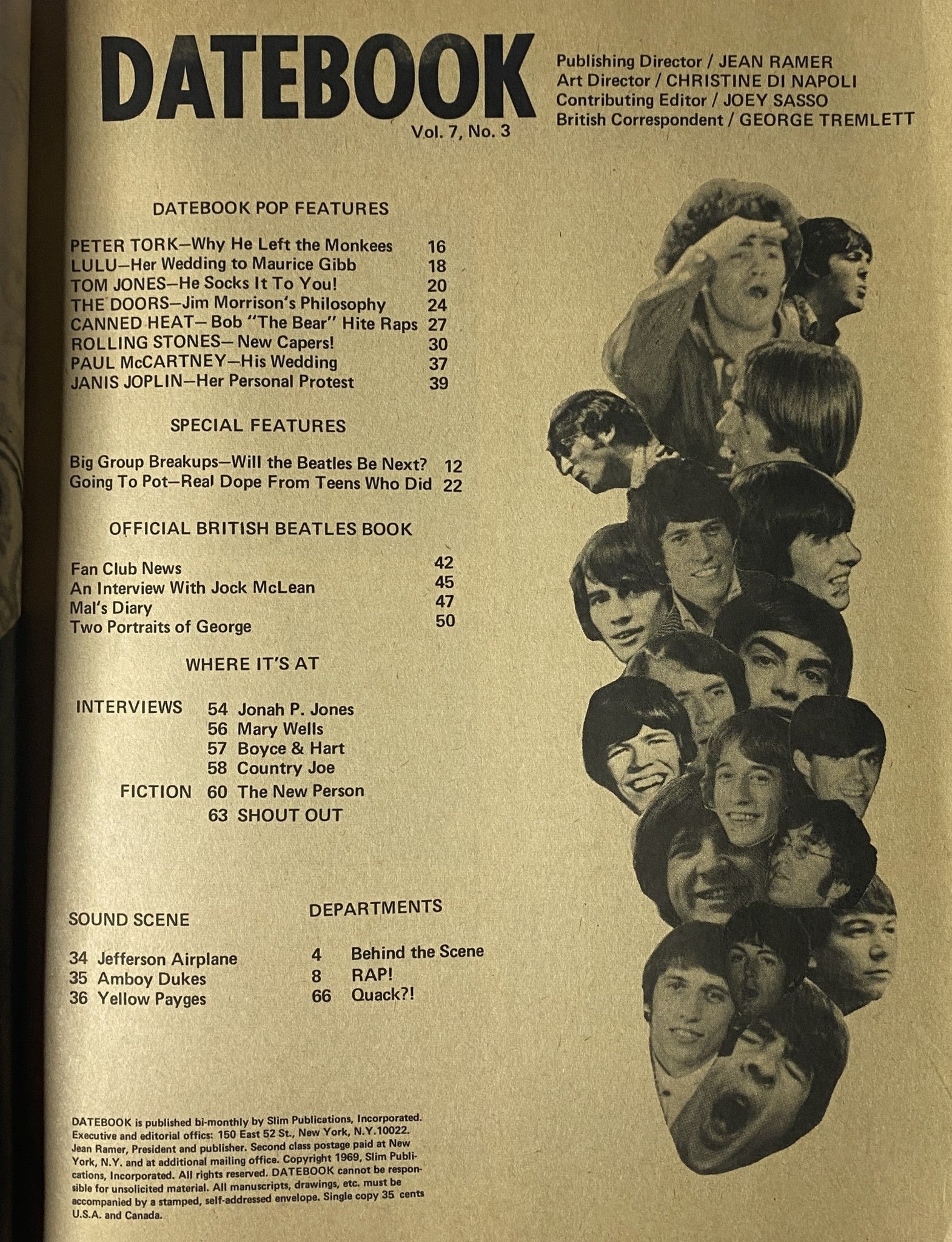 Datebook Magazine July 1969 Vol 7 No. 3 featuring The Beatles on the cover, showcasing pop features and highlights from rock history, detailed table of contents including notable articles.