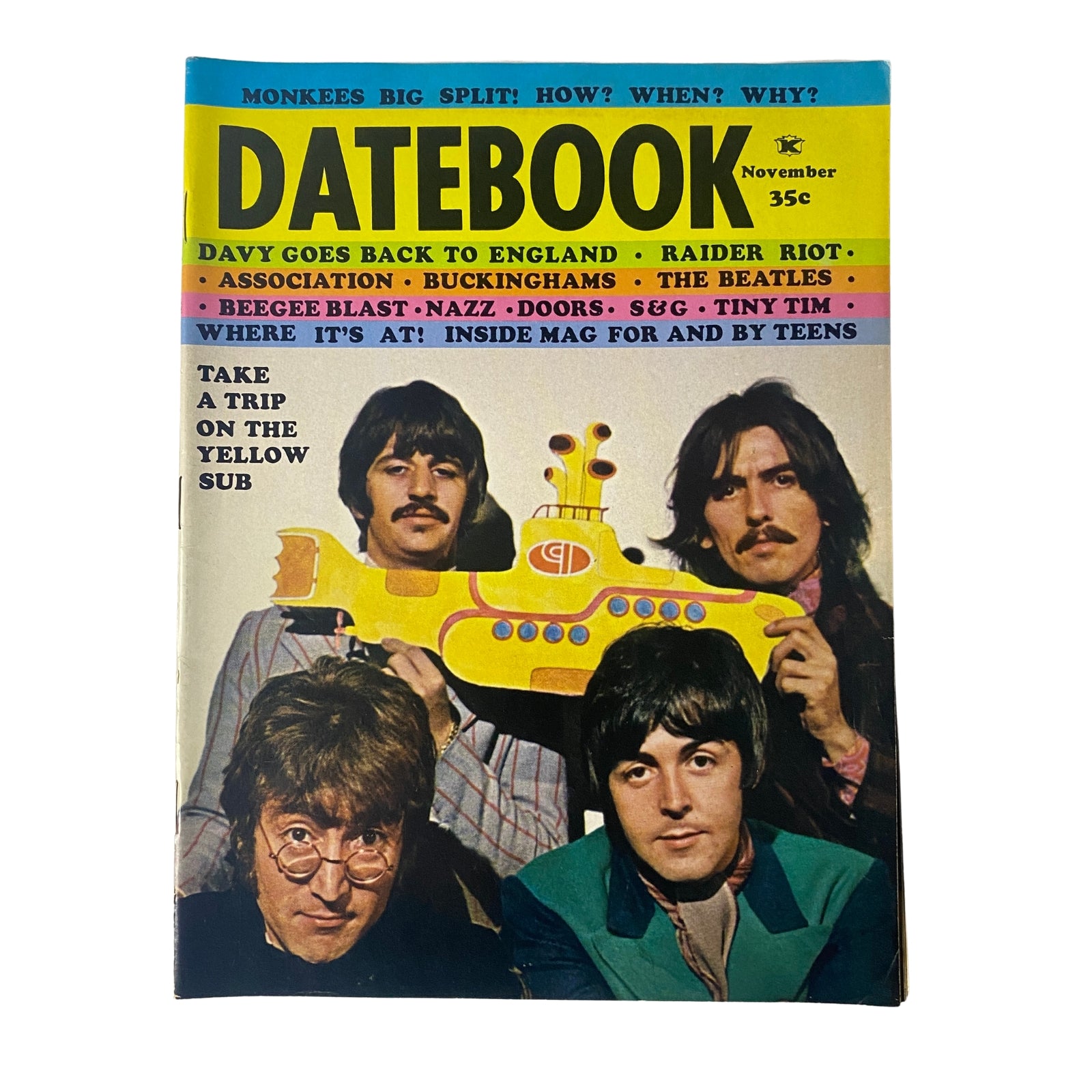 Datebook Magazine November 1968 featuring The Beatles on the cover, showcasing headlines like 'Monkees Big Split' and 'A Trip on the Yellow Sub'. Very good condition with visible edge wear.