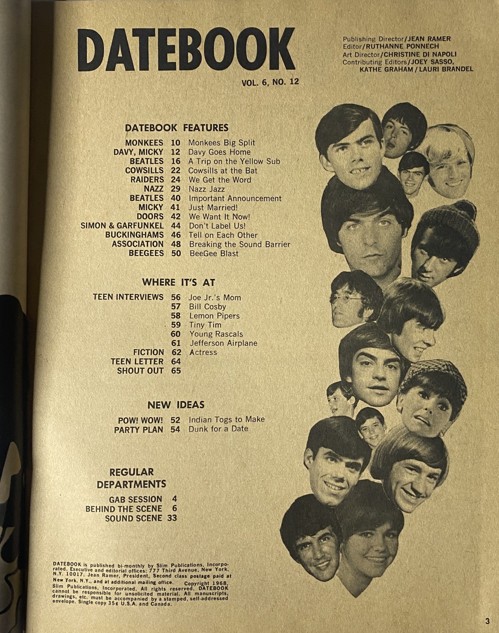 Inside page of Datebook Magazine November 1968 with a layout of features including 'Monkees Big Split', 'Teen Interviews', and 'Regular Departments'. Vibrant pop culture aesthetics of the late 1960s.