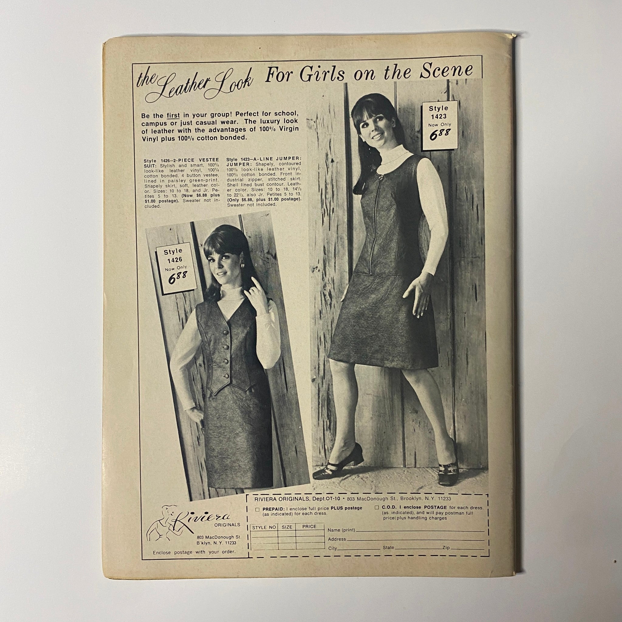 Back cover of Datebook Magazine November 1968, displaying a fashion advertisement for the 'Leather Look' styles suitable for school, indicative of the 1960s fashion trends.