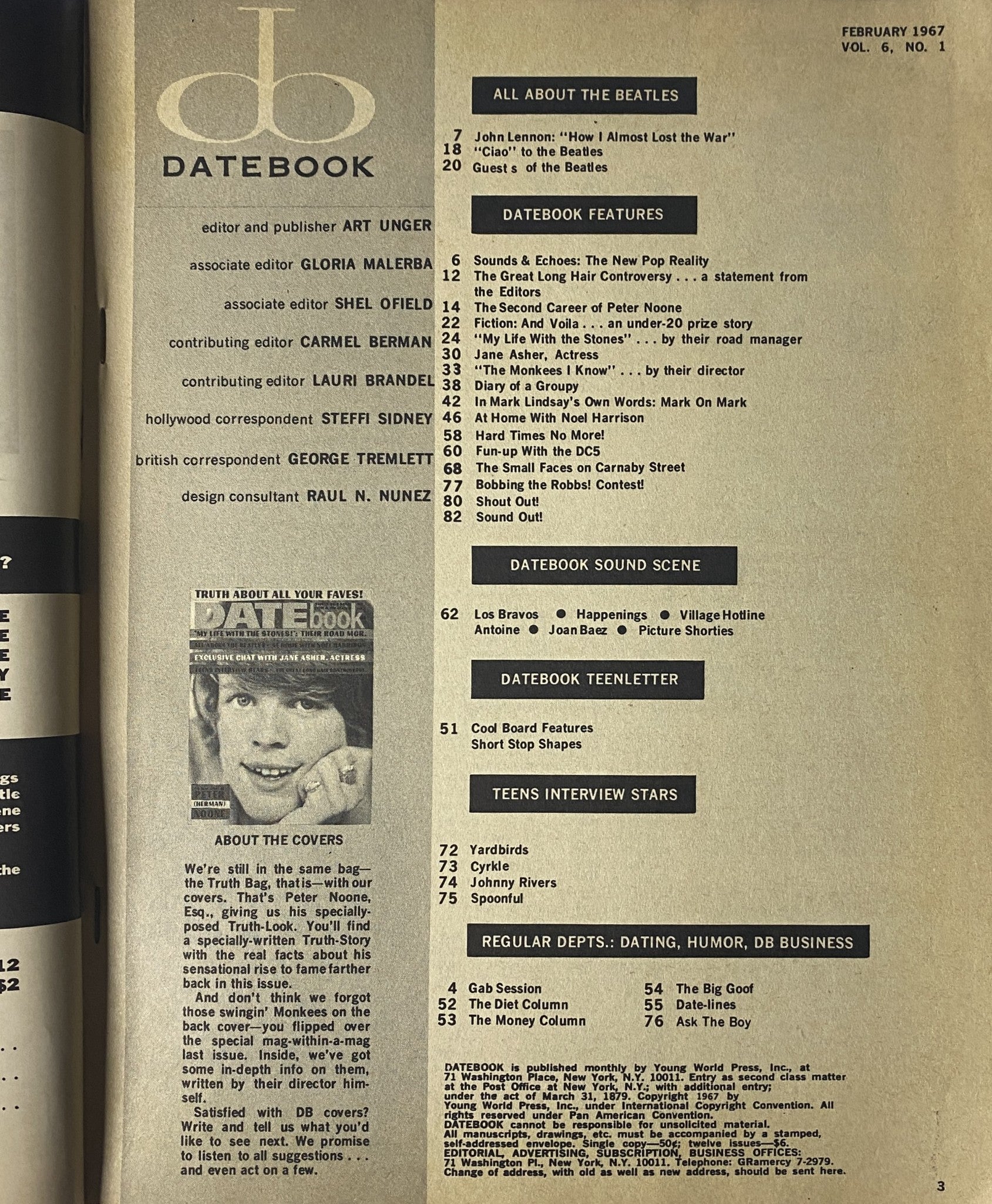Inside page of Datebook Magazine February 1967 Vol 6 No 1, highlighting articles about The Beatles and the great long hair controversy.