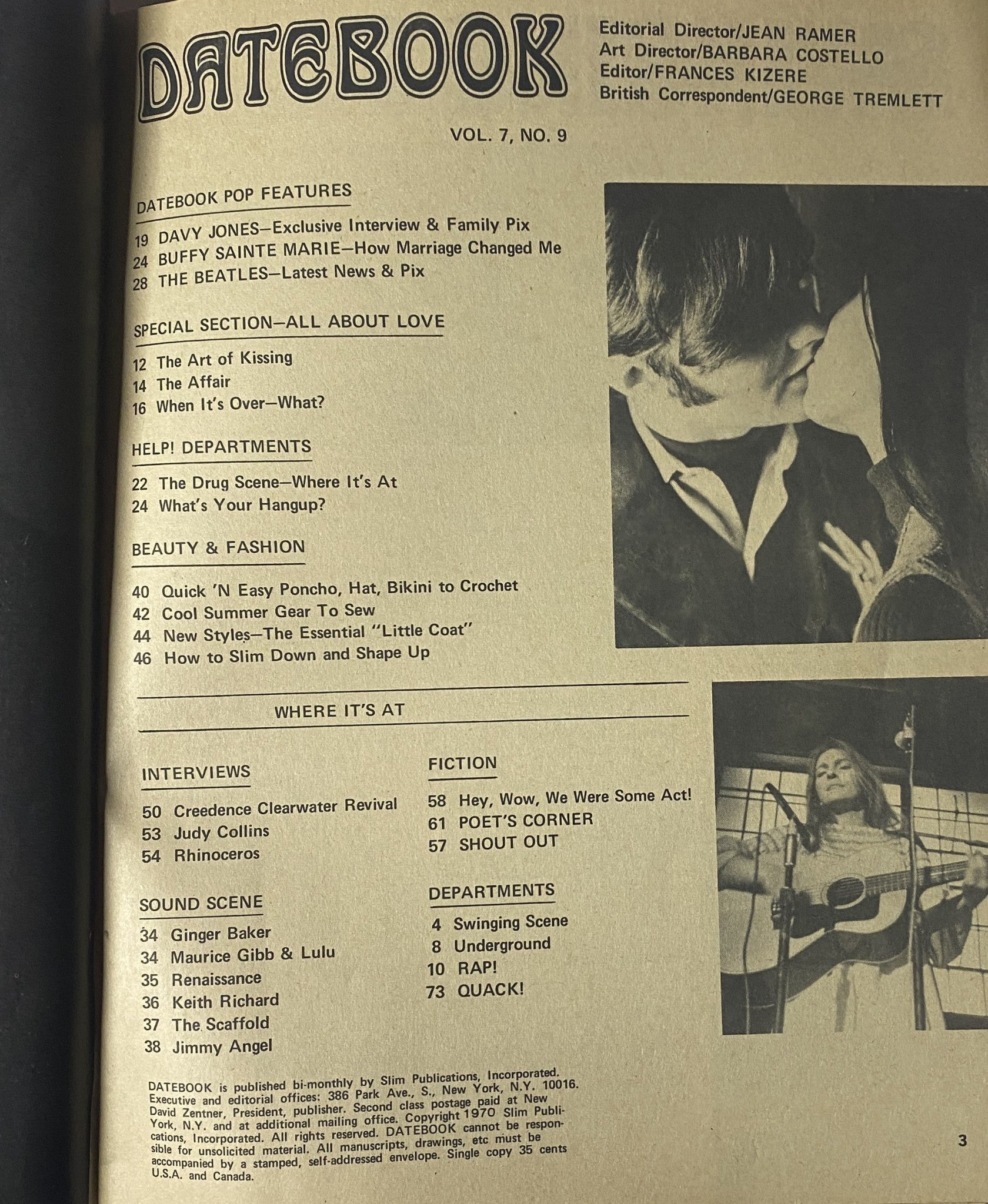 Inside page of Datebook Magazine July 1970 Vol 7 No. 9 displaying the table of contents with features on Davy Jones, Buffy Sainte-Marie, The Beatles, and more.