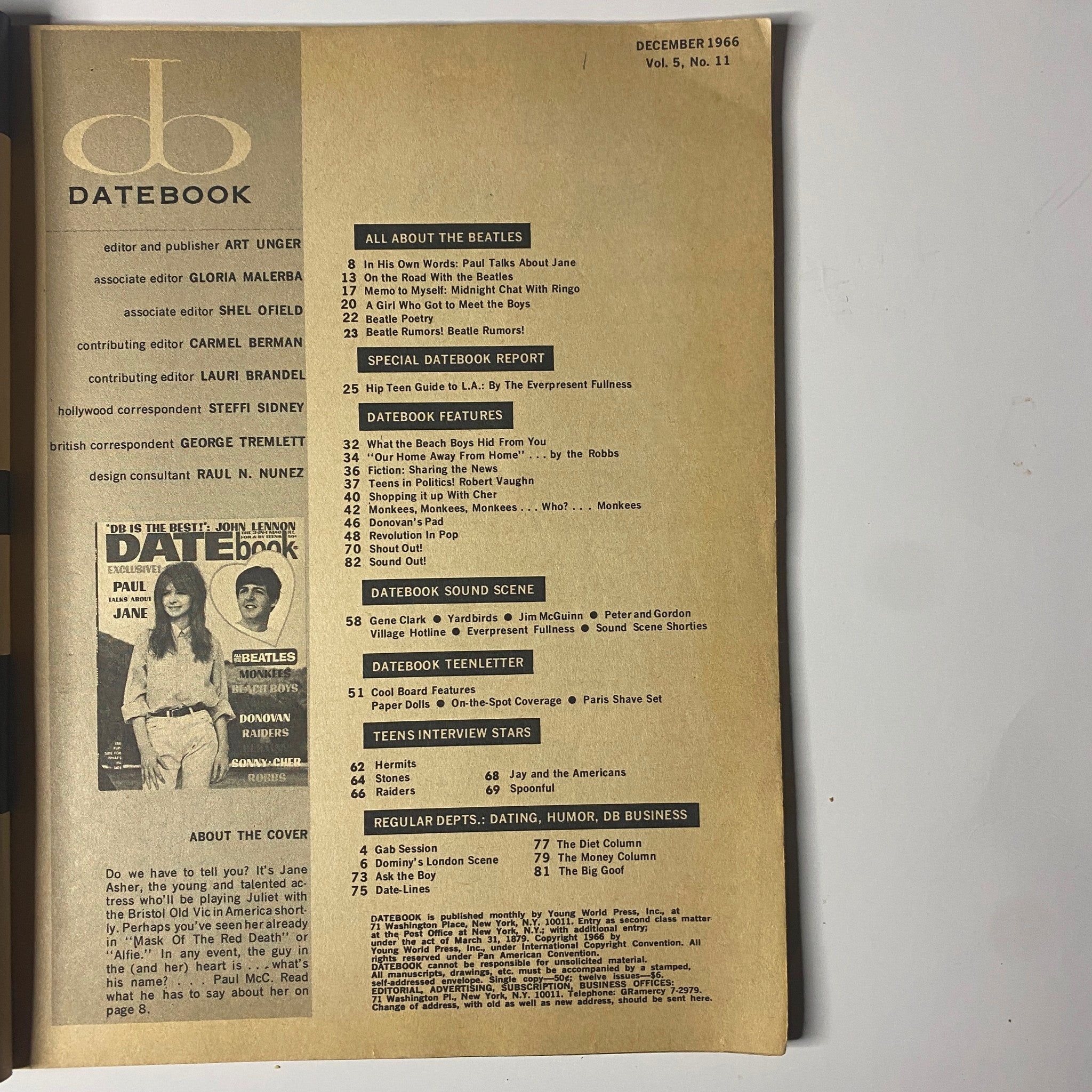 Interior page from Datebook Magazine December 1966, displaying the table of contents and sections about The Beatles and other pop culture topics.