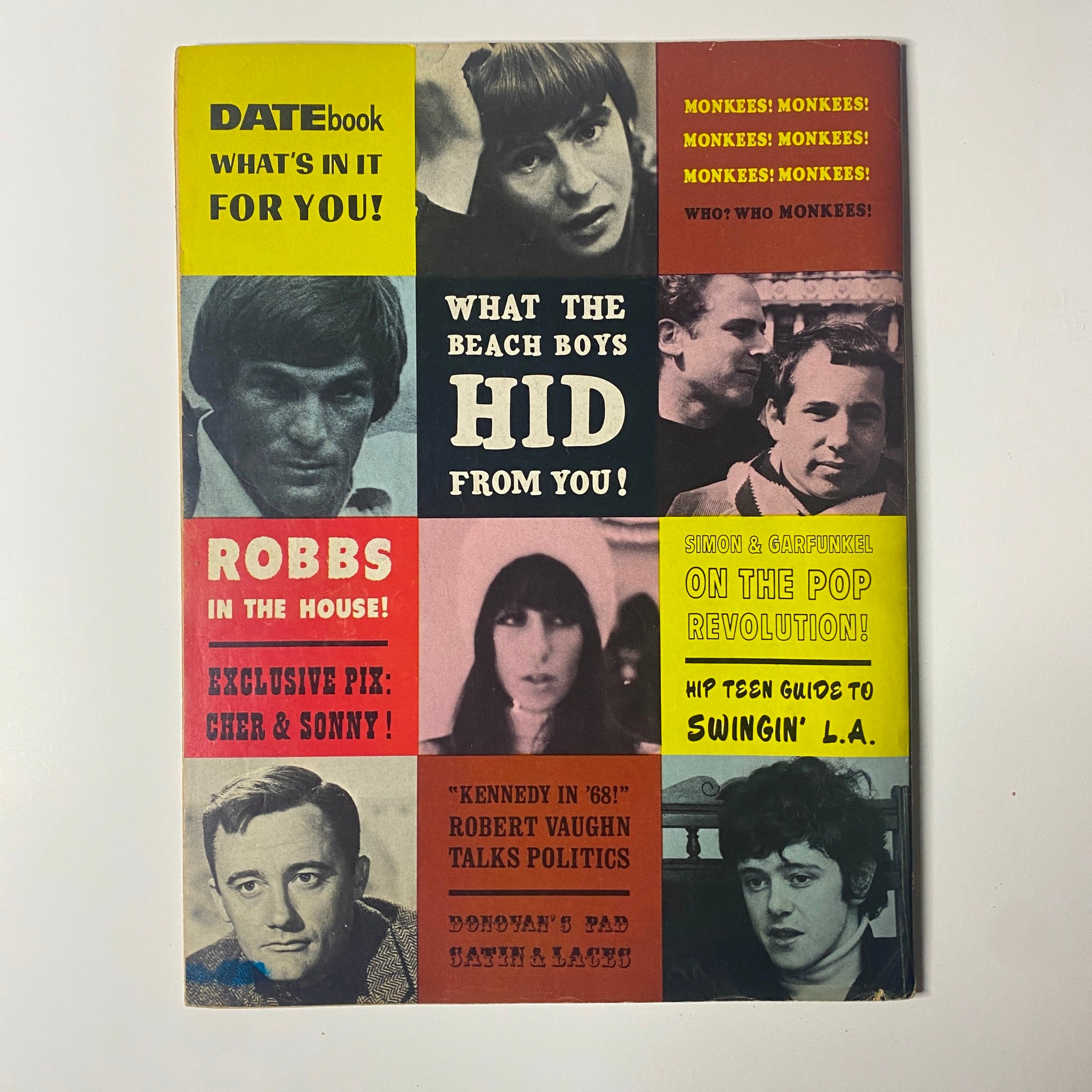 Back cover of Datebook Magazine December 1966 highlighting various artists including The Monkees and The Beach Boys, emphasizing the magazine's focus on 1960s music.