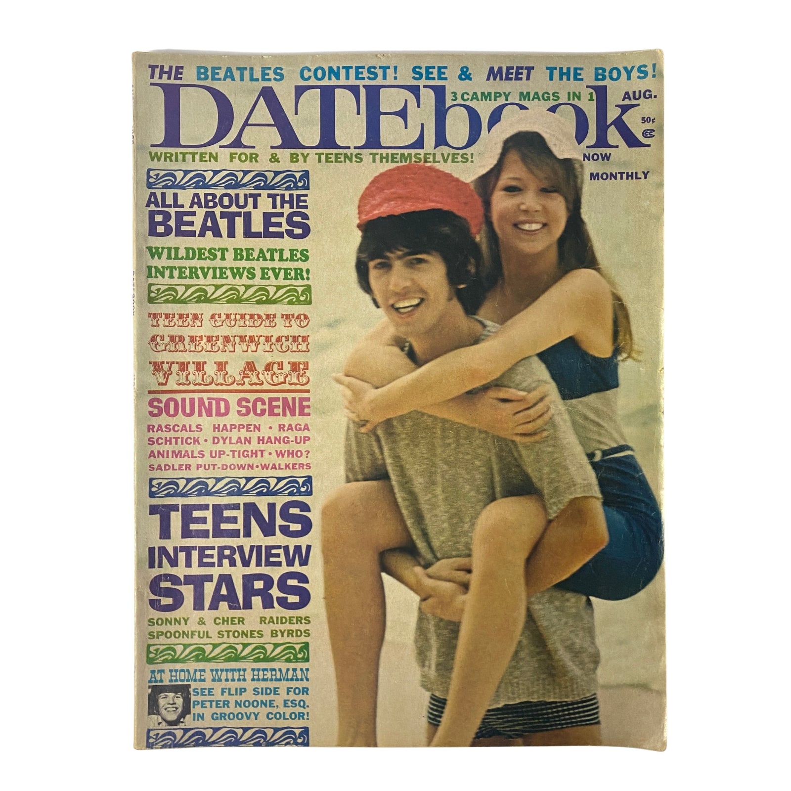 Cover of Datebook Magazine, August 1966, Vol. 5 No. 7 featuring George Harrison and Patti Boyd Harrison. The magazine promotes Beatles-related content, interviews, and fan features during the height of Beatlemania.