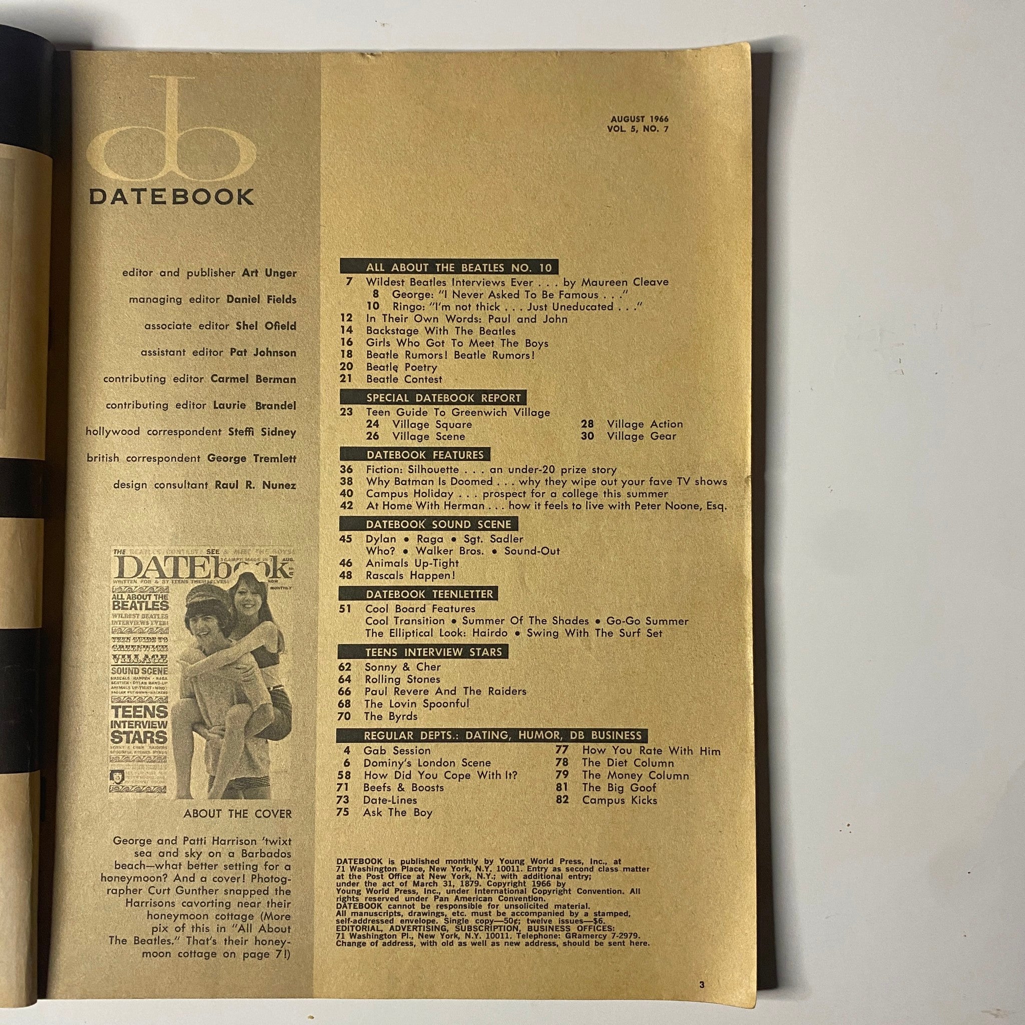 Table of Contents page from Datebook Magazine, August 1966, Vol. 5 No. 7, detailing features like 'All About The Beatles' and the special report on Greenwich Village.