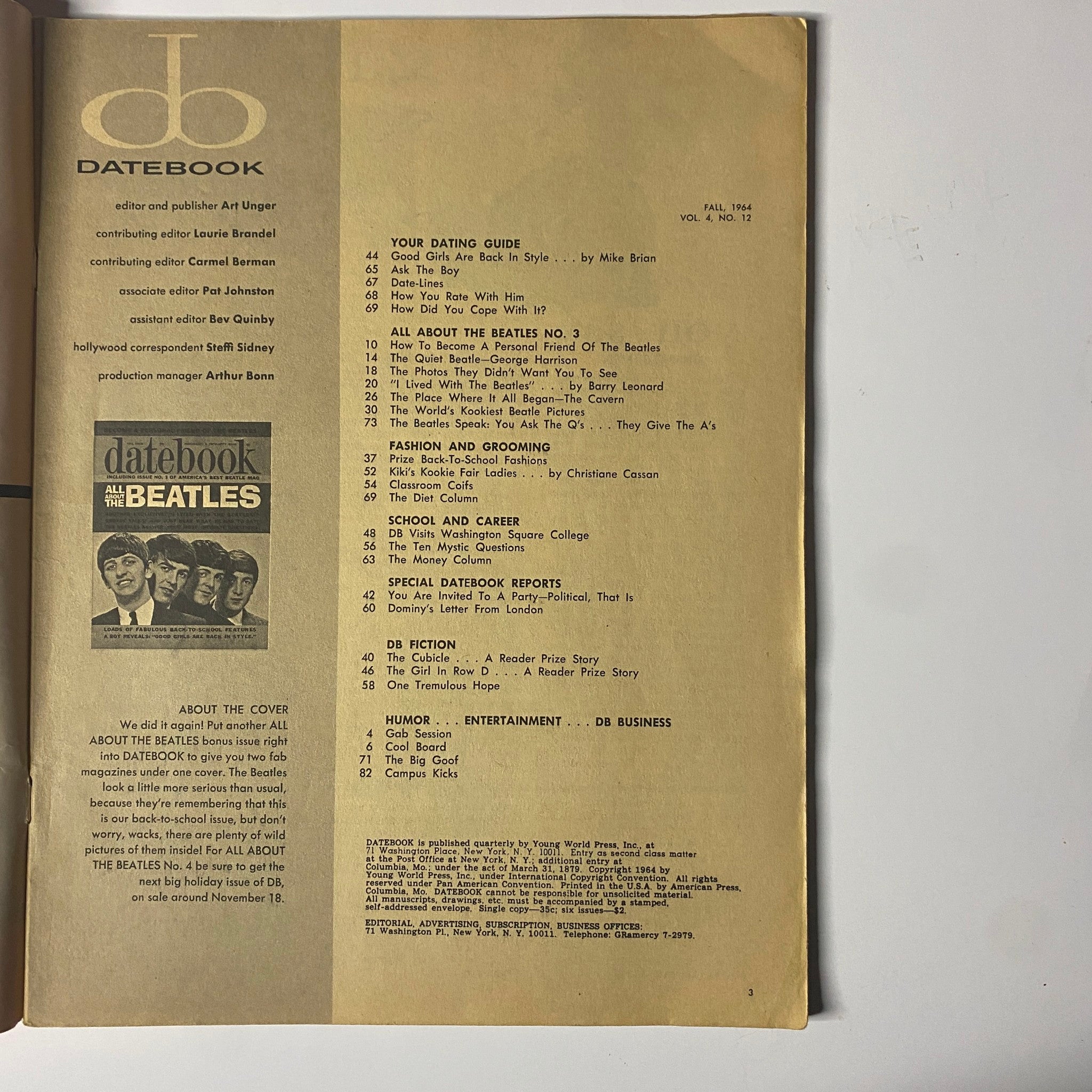 Inside page of Datebook Magazine Fall 1964 Vol 4 No. 12, highlighting articles about The Beatles, fashion, dating guides, and special reports.