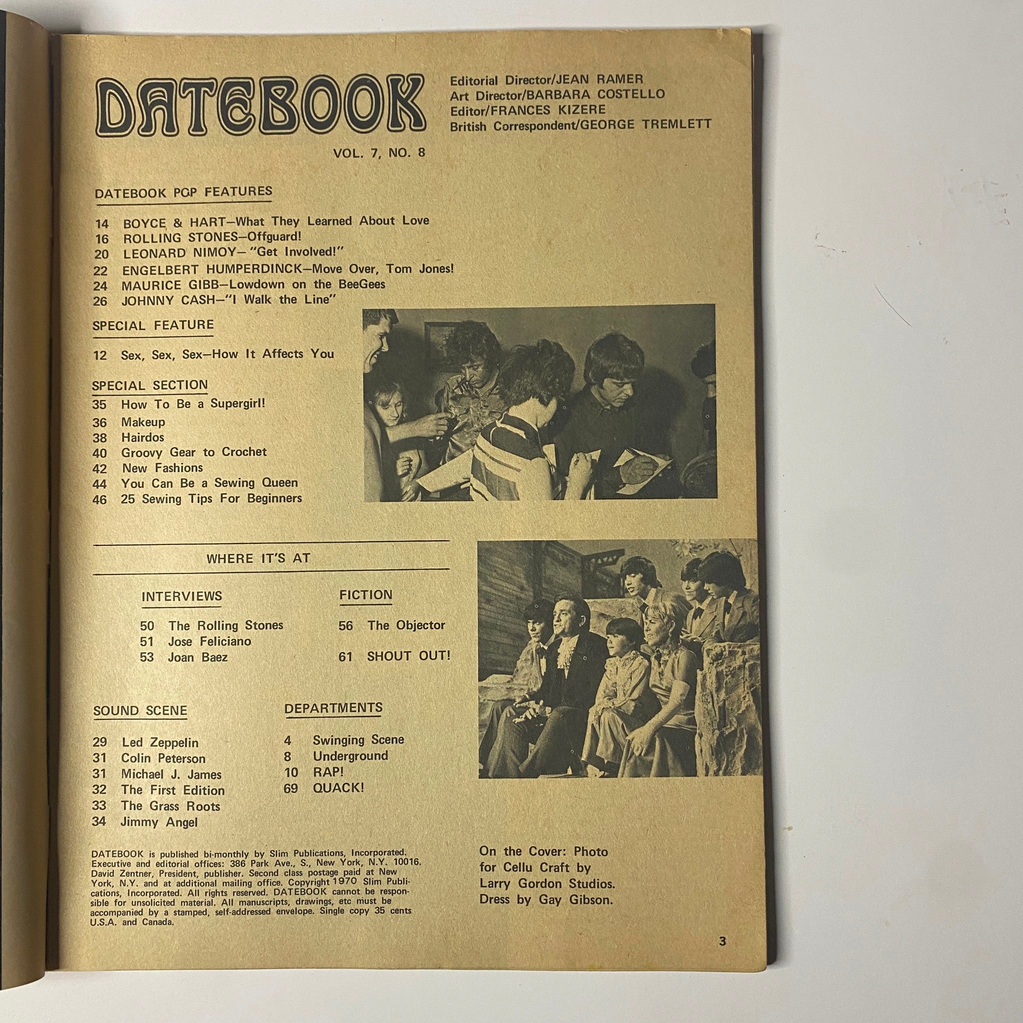 Inside page of Datebook Magazine May 1970, showcasing the table of contents and editorial features, including Tommy Boyce & Bobby Hart.