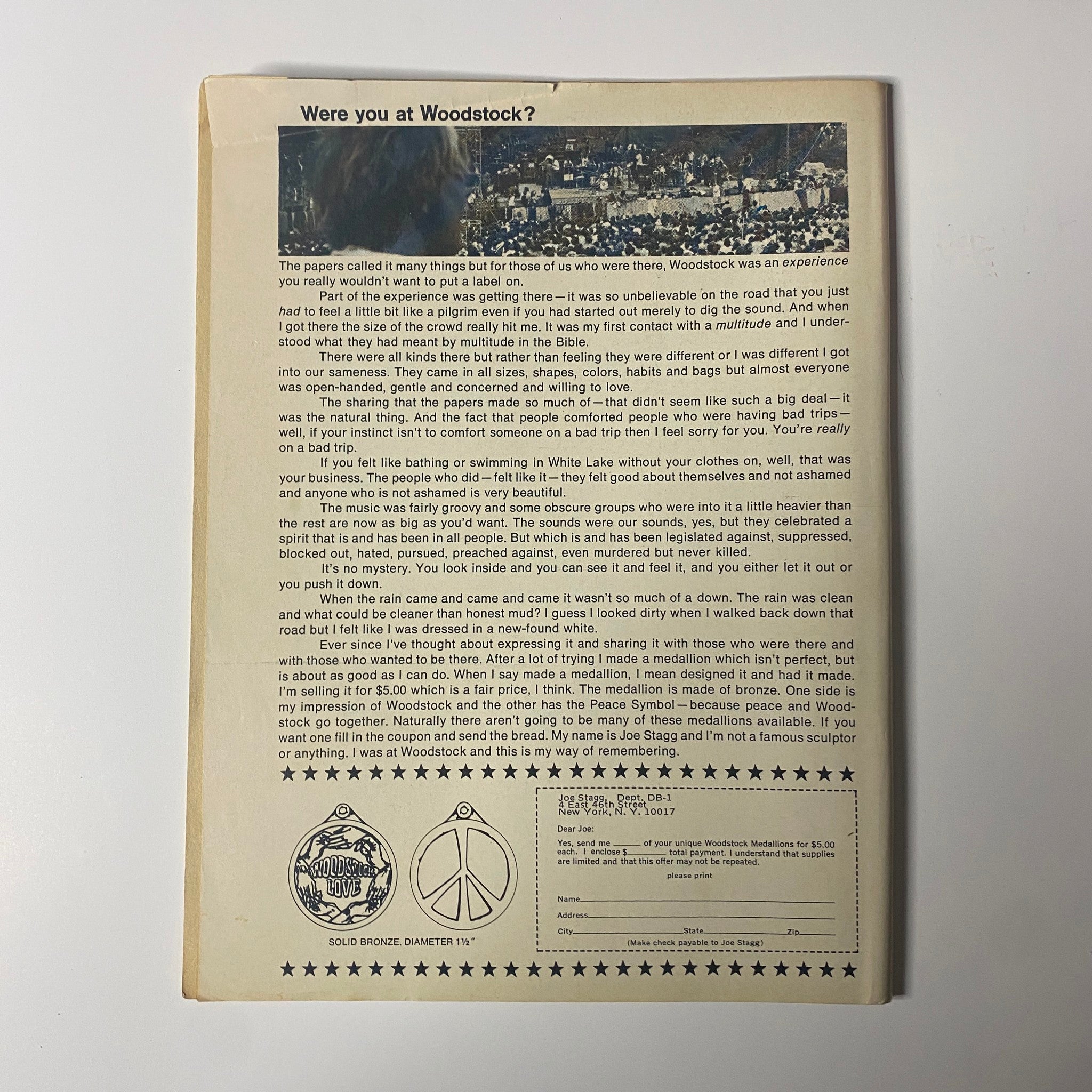 Back cover of the Datebook Magazine May 1970 showcasing a nostalgic reference to Woodstock, emphasizing its significance in pop culture, featured in this original magazine with Tommy Boyce and Bobby Hart on the cover.