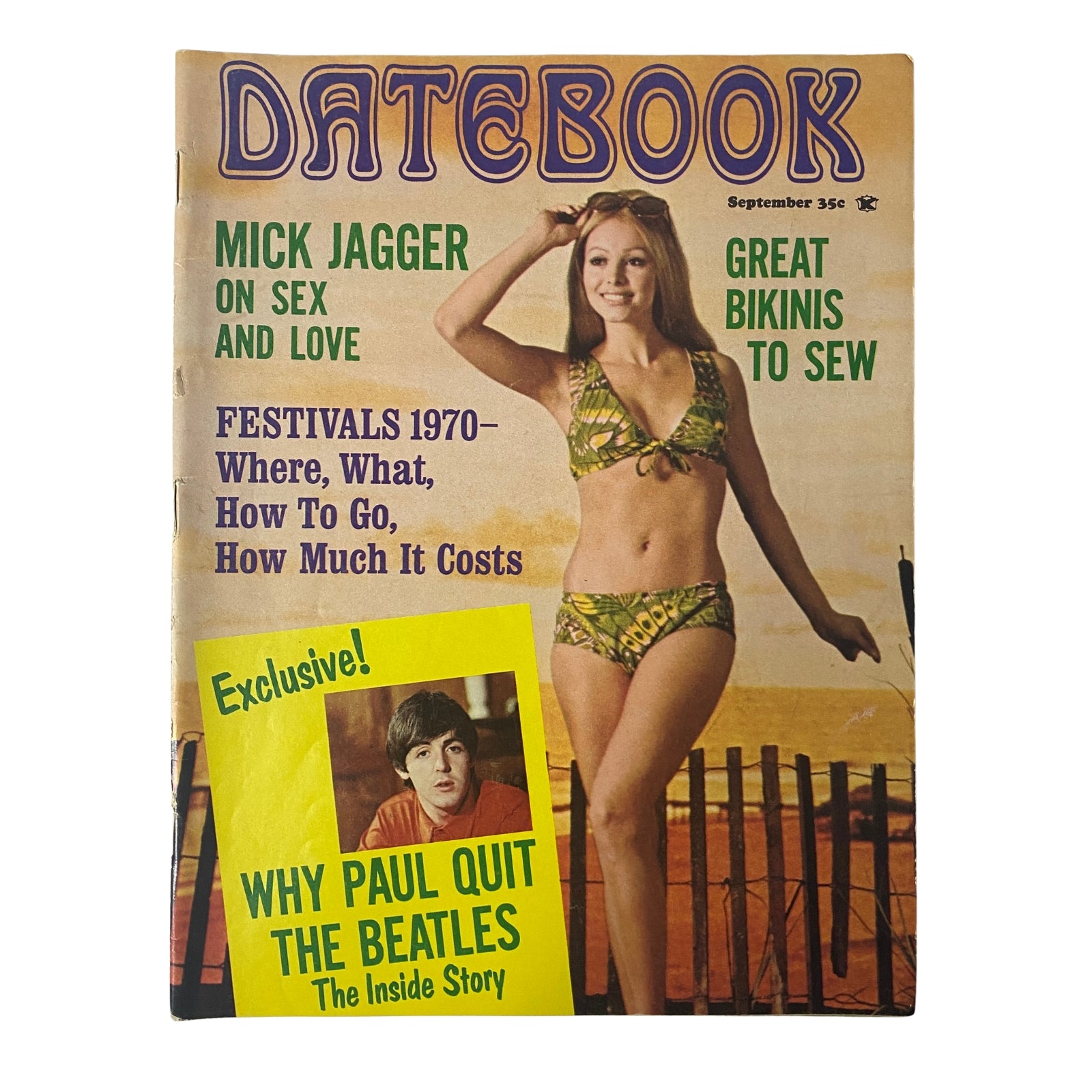 Datebook Magazine September 1970 cover featuring Mick Jagger and a model in a bikini, highlighting a feature on Paul McCartney, exclusive story on why he quit The Beatles, and fashion tips.