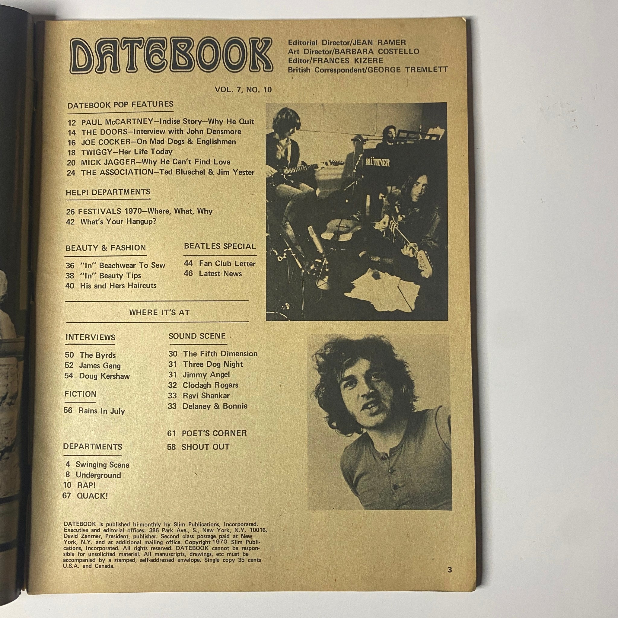 Interior page of Datebook Magazine September 1970 showcasing features including Paul McCartney's story, interviews with The Doors and Twiggy, and sections on beauty and fashion.