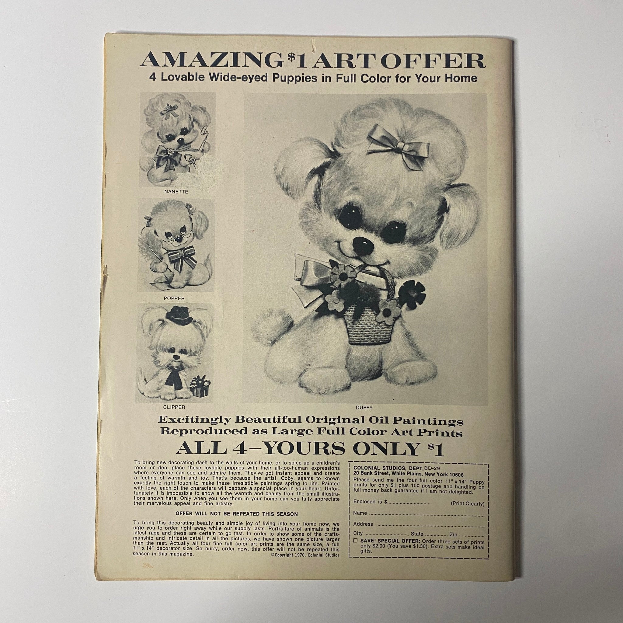 Back cover of Datebook Magazine September 1970 advertising a collection of art prints featuring lovable puppies, part of a promotional offer.