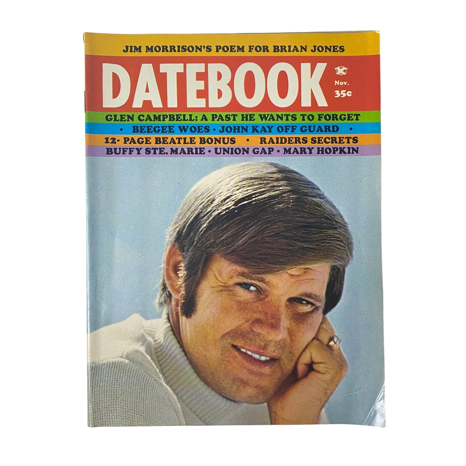Datebook Magazine November 1969 featuring Glen Campbell on the cover, showcasing music articles, interviews, and teen culture features, including Jim Morrison's poem on Brian Jones. Vintage collectible magazine in good condition.