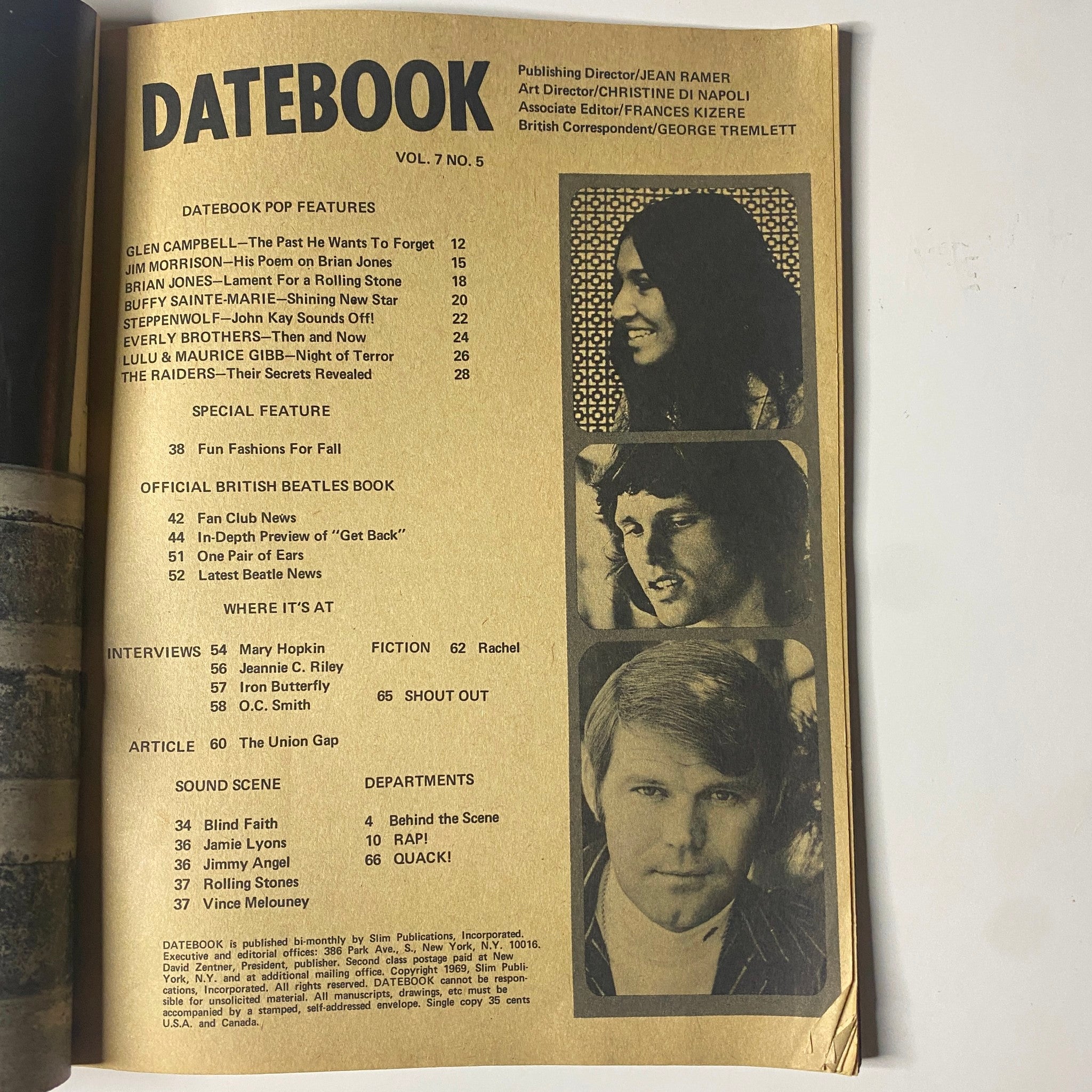 Table of contents from Datebook Magazine November 1969 Vol 7 No 5 featuring Glen Campbell on the cover. Highlights include pop features, official British Beatles book, interviews with music artists, and sections on fashion and reader contributions.