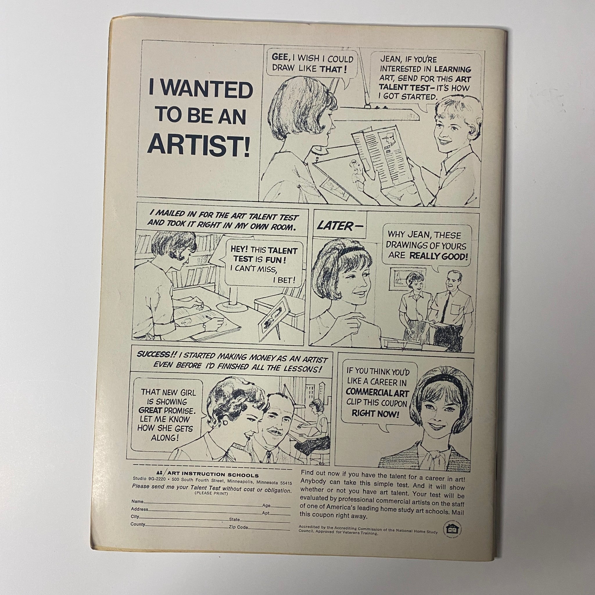 Back cover of Datebook Magazine November 1969 Vol 7 No 5 displaying an advertisement for an art talent test program, capturing the essence of artistic aspiration popular in the late 1960s.