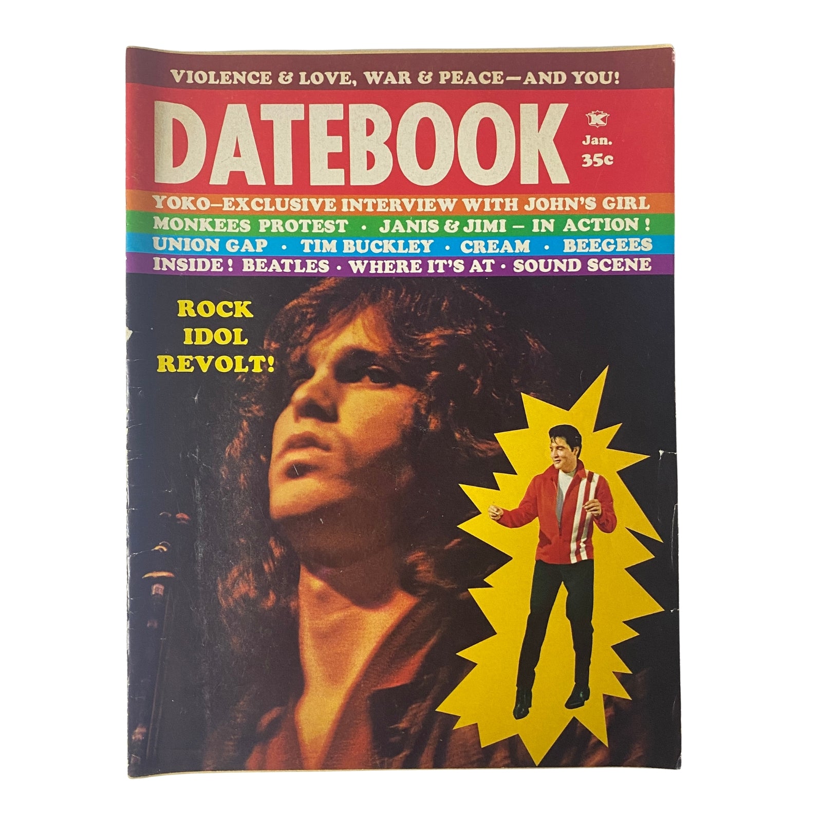 Datebook Magazine January 1968 Vol 7 No. 1 featuring Jim Morrison on the cover, showcasing pop culture history with headlines on Yoko Ono, The Monkees, and rock features.