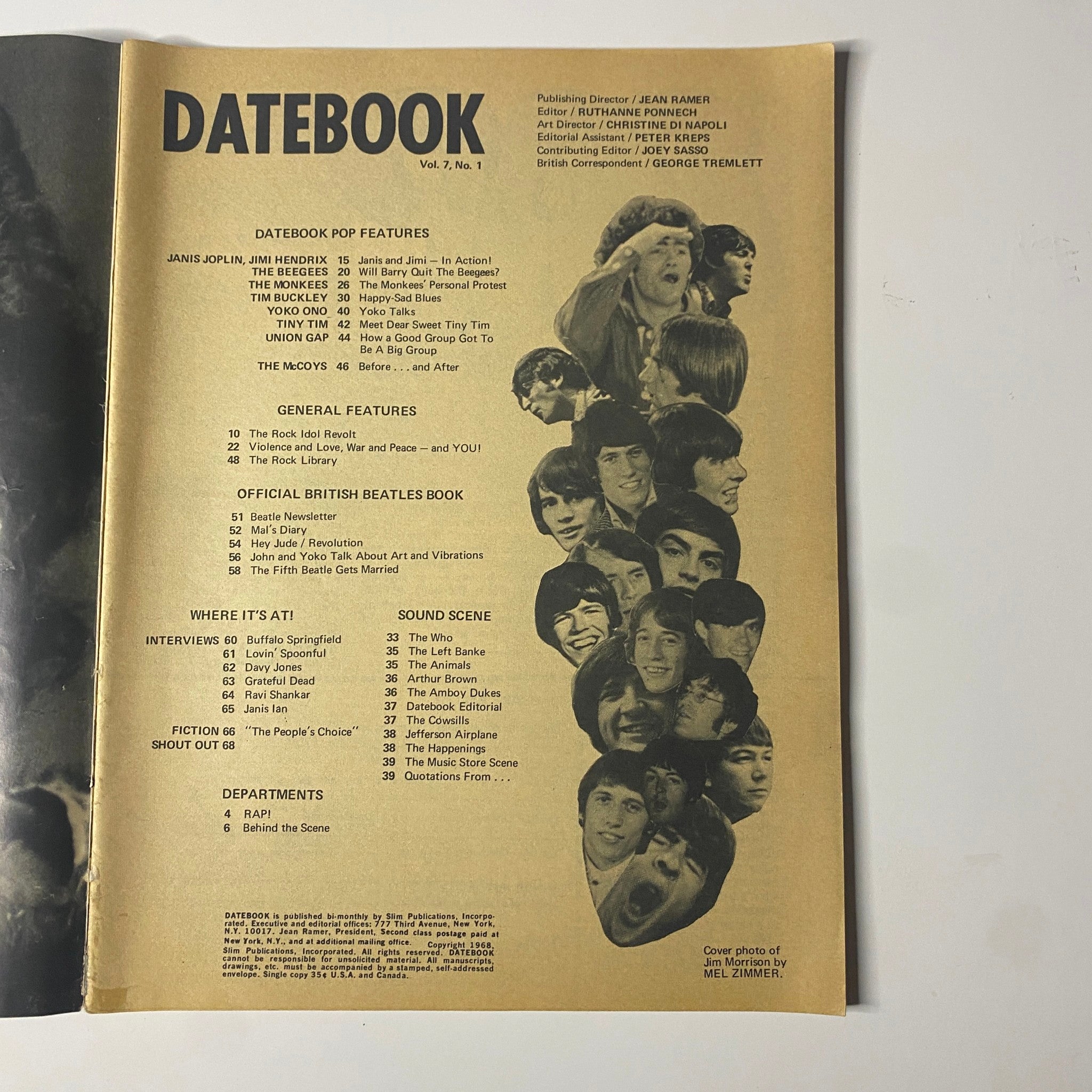 Inside spread of Datebook Magazine January 1968 Vol 7 No. 1, displaying the table of contents with articles on famous musicians like Janis Joplin and The Beatles.
